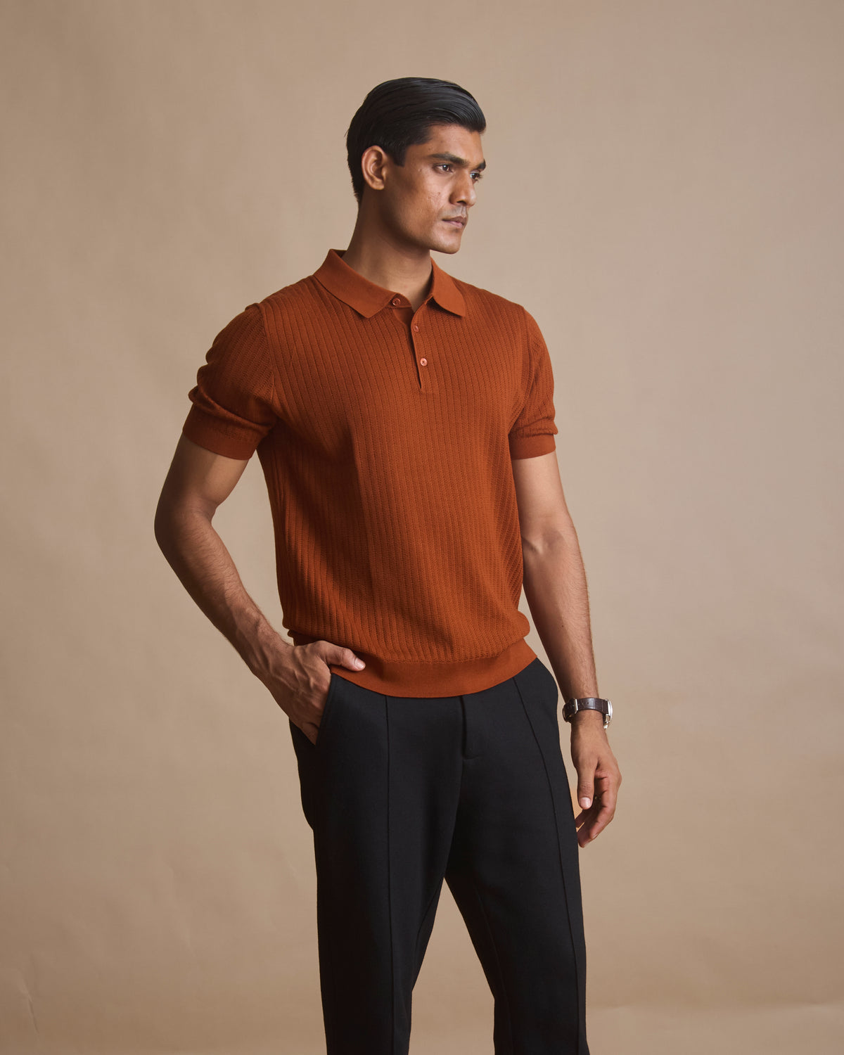 Brick red vertical textured knit polo in 100% Australian merino | House of 6