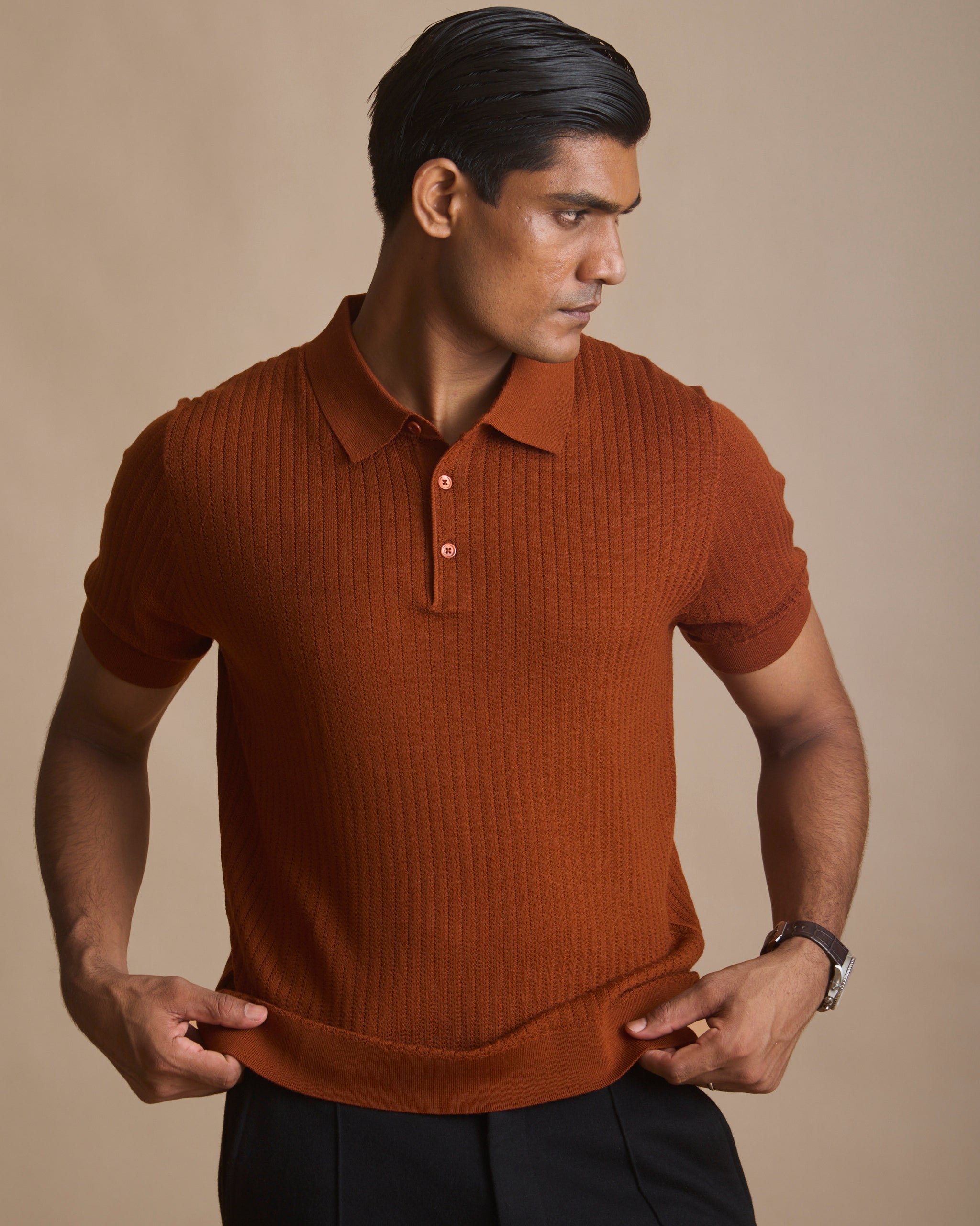 Brick red vertical textured knit polo in 100% Australian merino (view 6) | House of 6