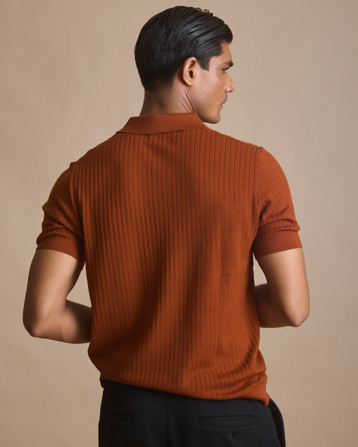Brick red vertical textured knit polo in 100% Australian merino (view 7) | House of 6