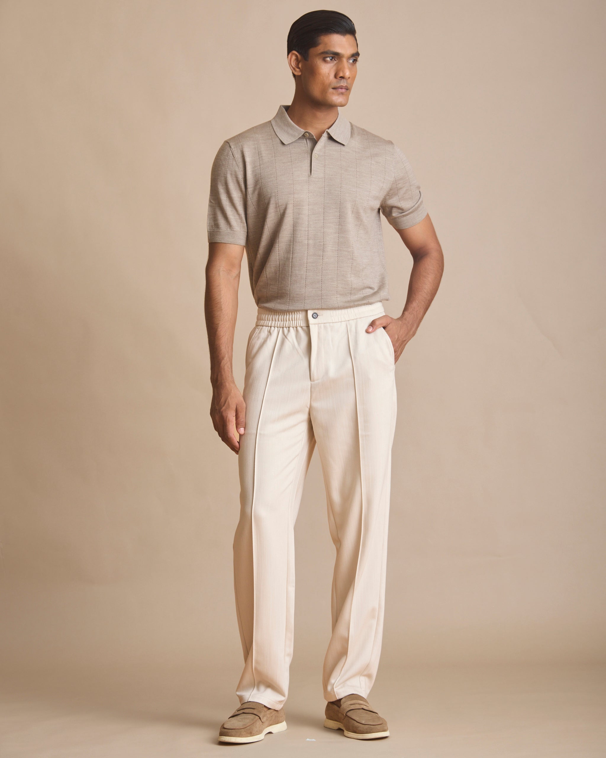 Oatmeal vertical textured knit polo in 100% merino | House of 6