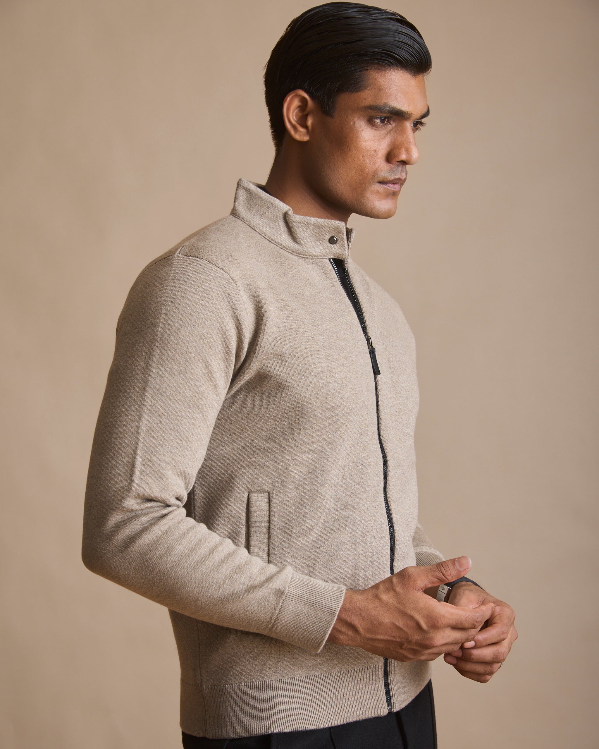 Oatmeal heather racer knit stand-collar jacket (view 9) | House of 6