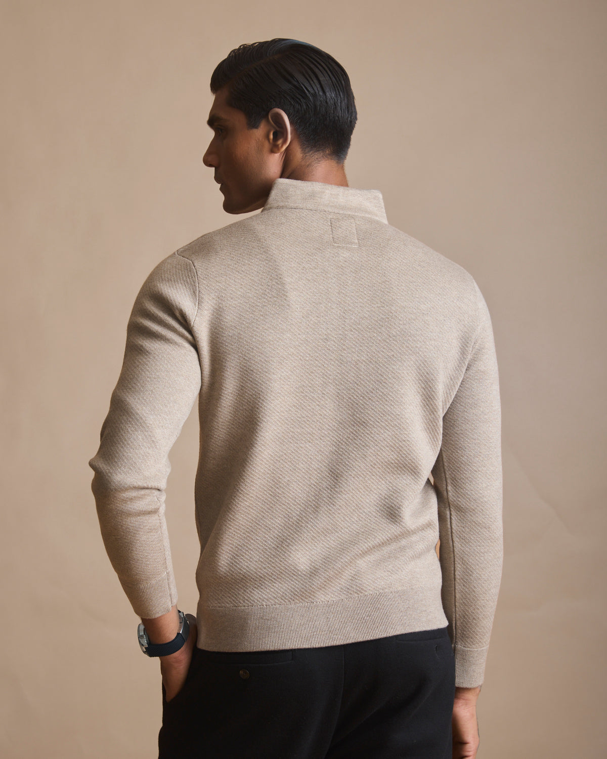 Oatmeal heather racer knit stand-collar jacket (view 11) | House of 6