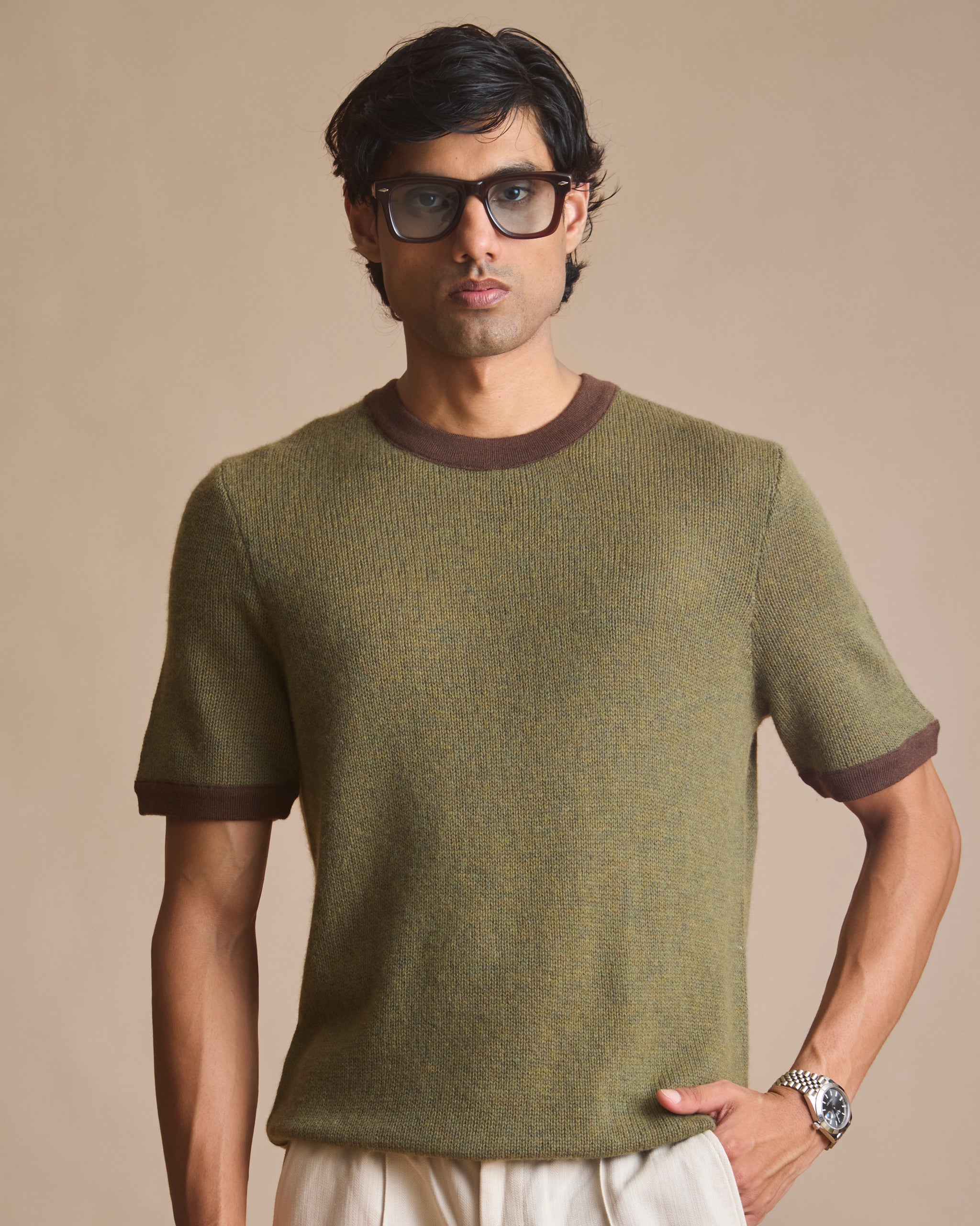 Moss green knit ringer t-shirt in 90% merino, 10% cashmere | House of 6