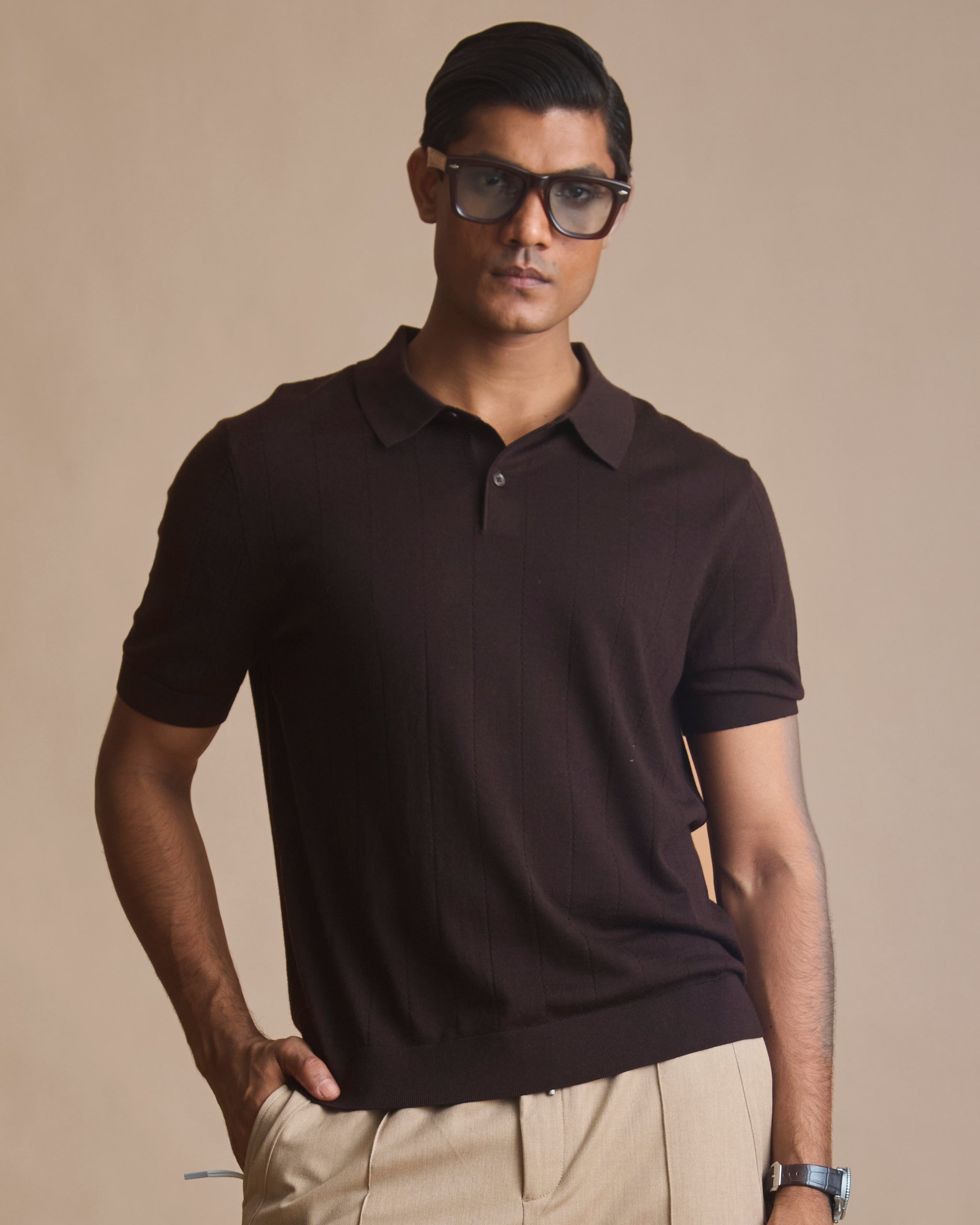Dark espresso vertical textured knit polo in 100% Australian merino | House of 6