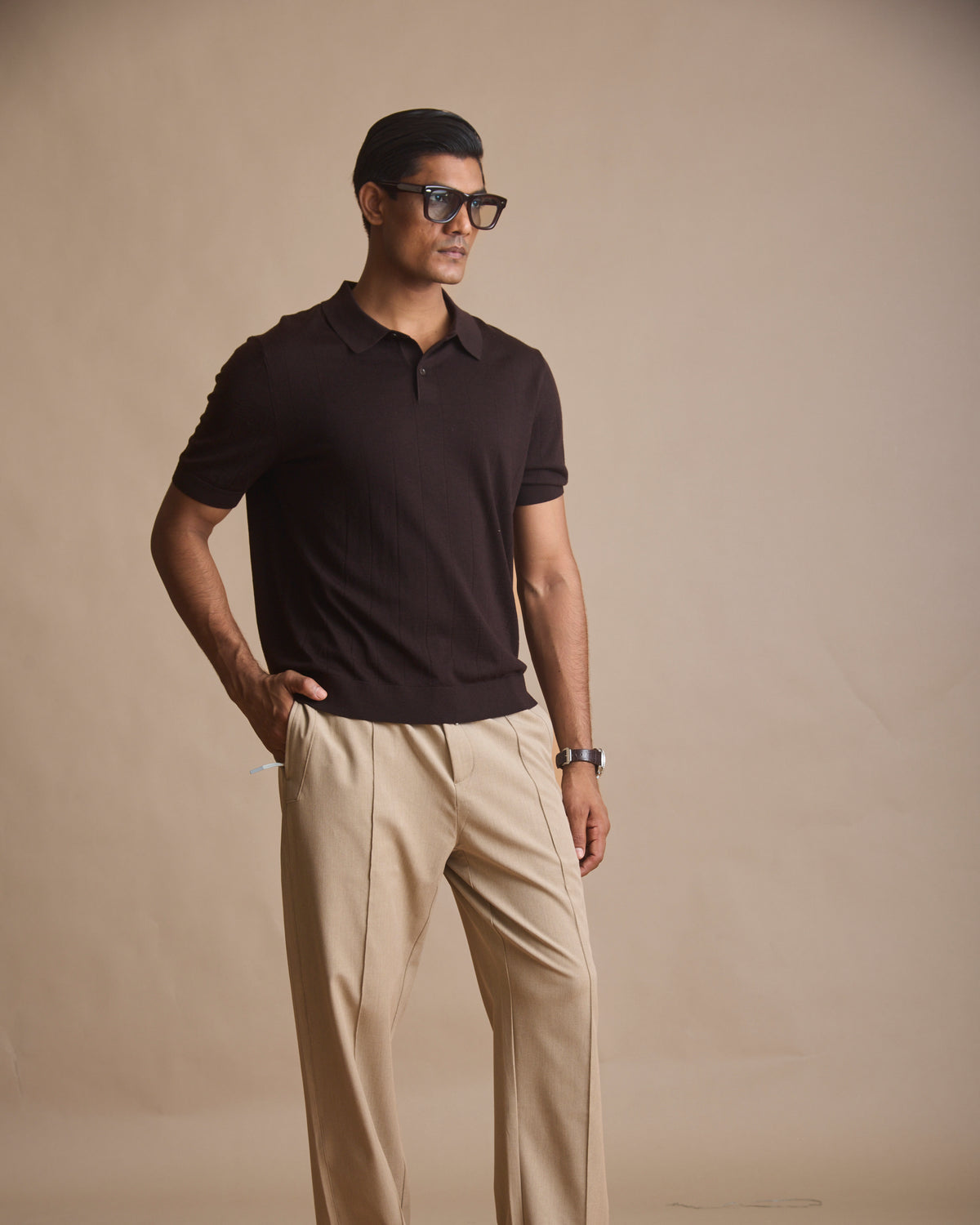 Dark espresso vertical textured knit polo in 100% Australian merino (view 2) | House of 6