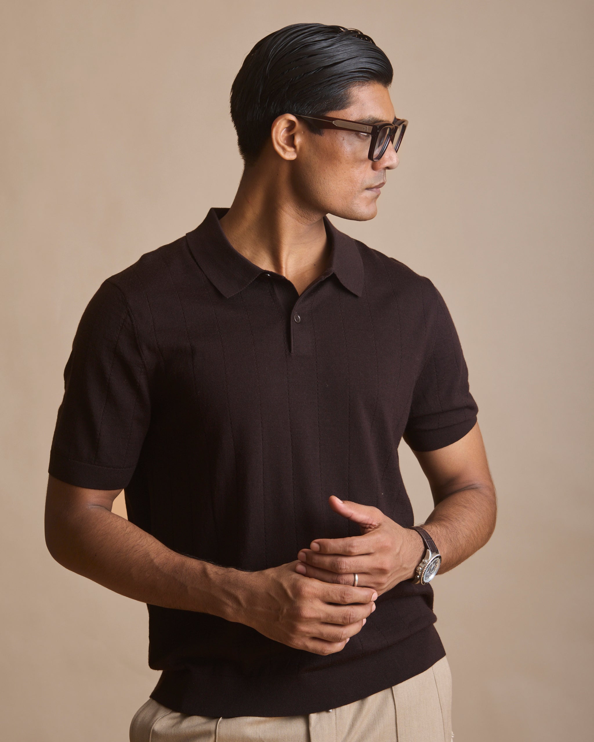 Dark espresso vertical textured knit polo in 100% Australian merino (view 3) | House of 6