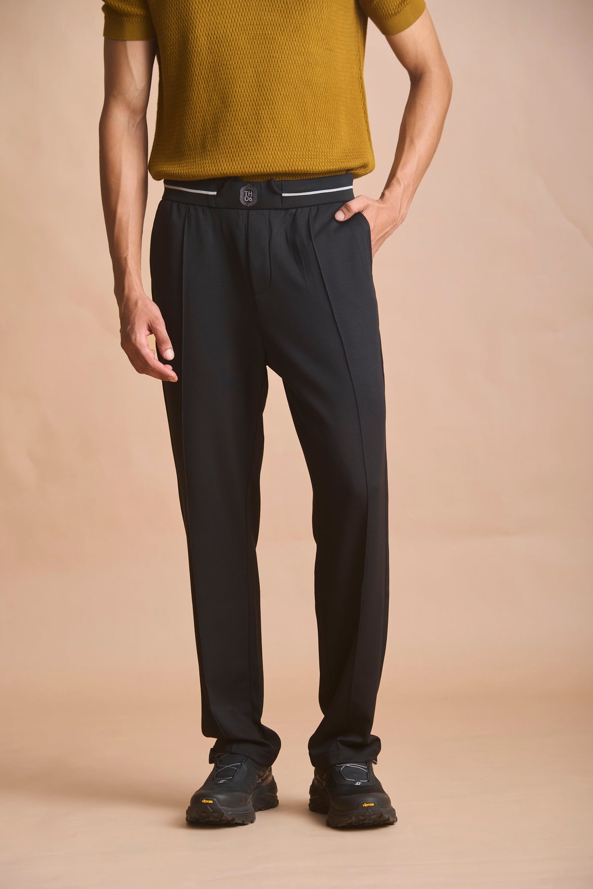 Black leisure trousers with white tipping stripes in 80% lyocell, 13% polyester, 7% spandex (view 2) | House of 6