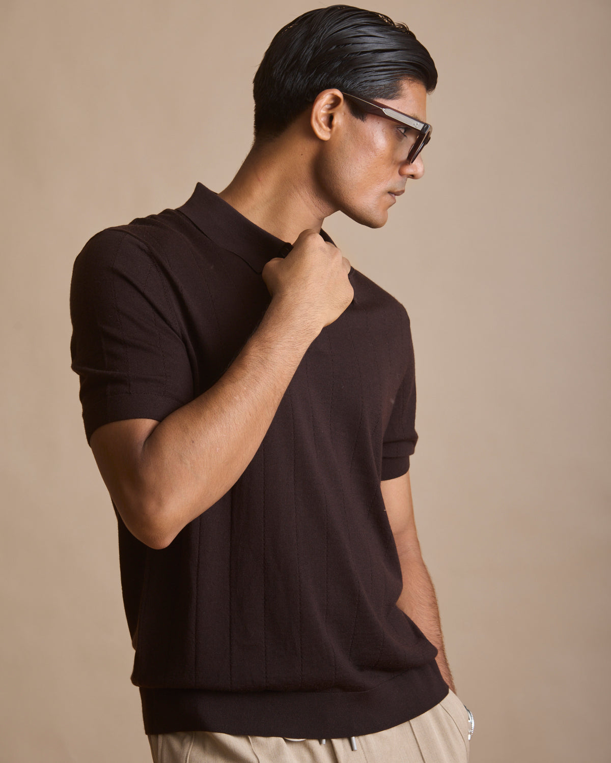 Dark espresso vertical textured knit polo in 100% Australian merino (view 5) | House of 6