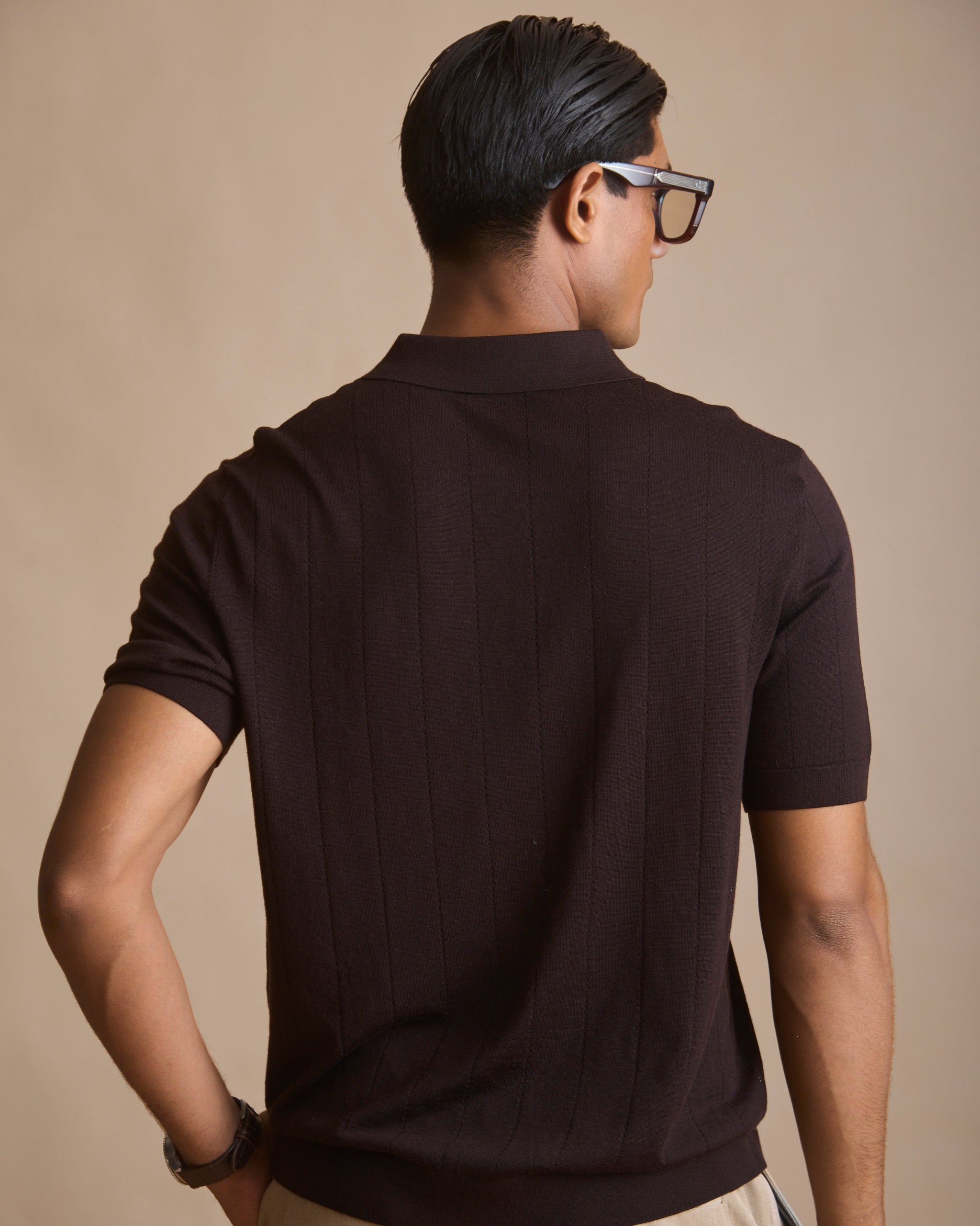 Dark espresso vertical textured knit polo in 100% Australian merino (view 6) | House of 6