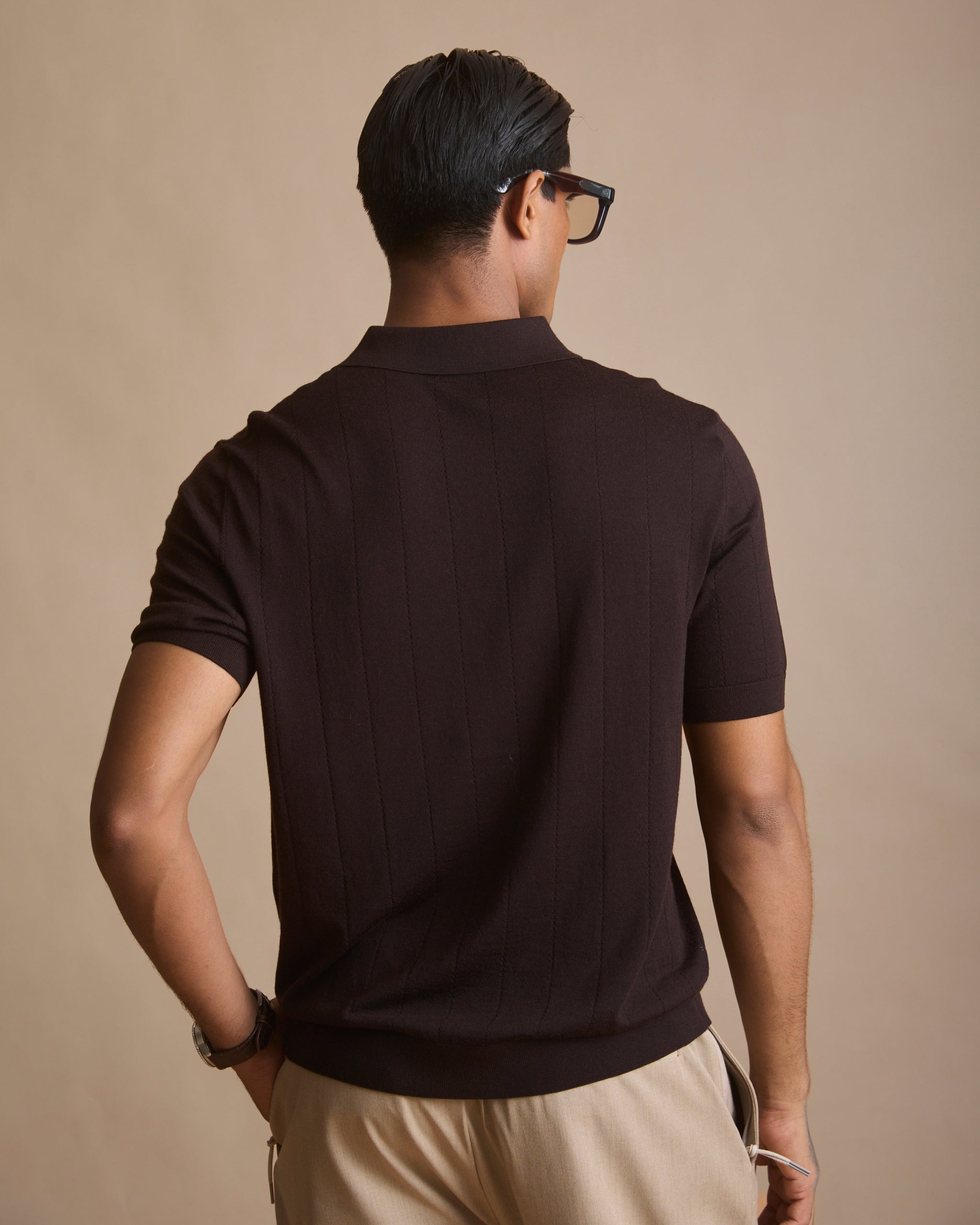 Dark espresso vertical textured knit polo in 100% Australian merino (view 7) | House of 6