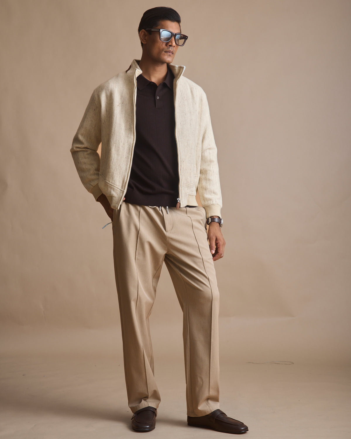 Ecru knit driver jacket with cigar suede trims | House of 6