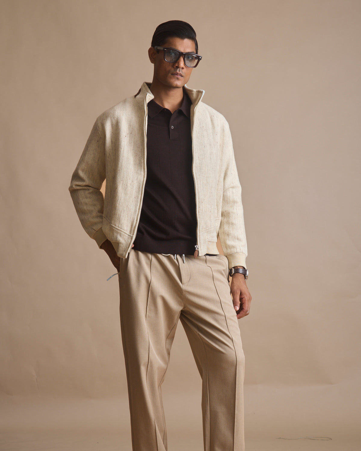 Ecru knit driver jacket with cigar suede trims (view 2) | House of 6