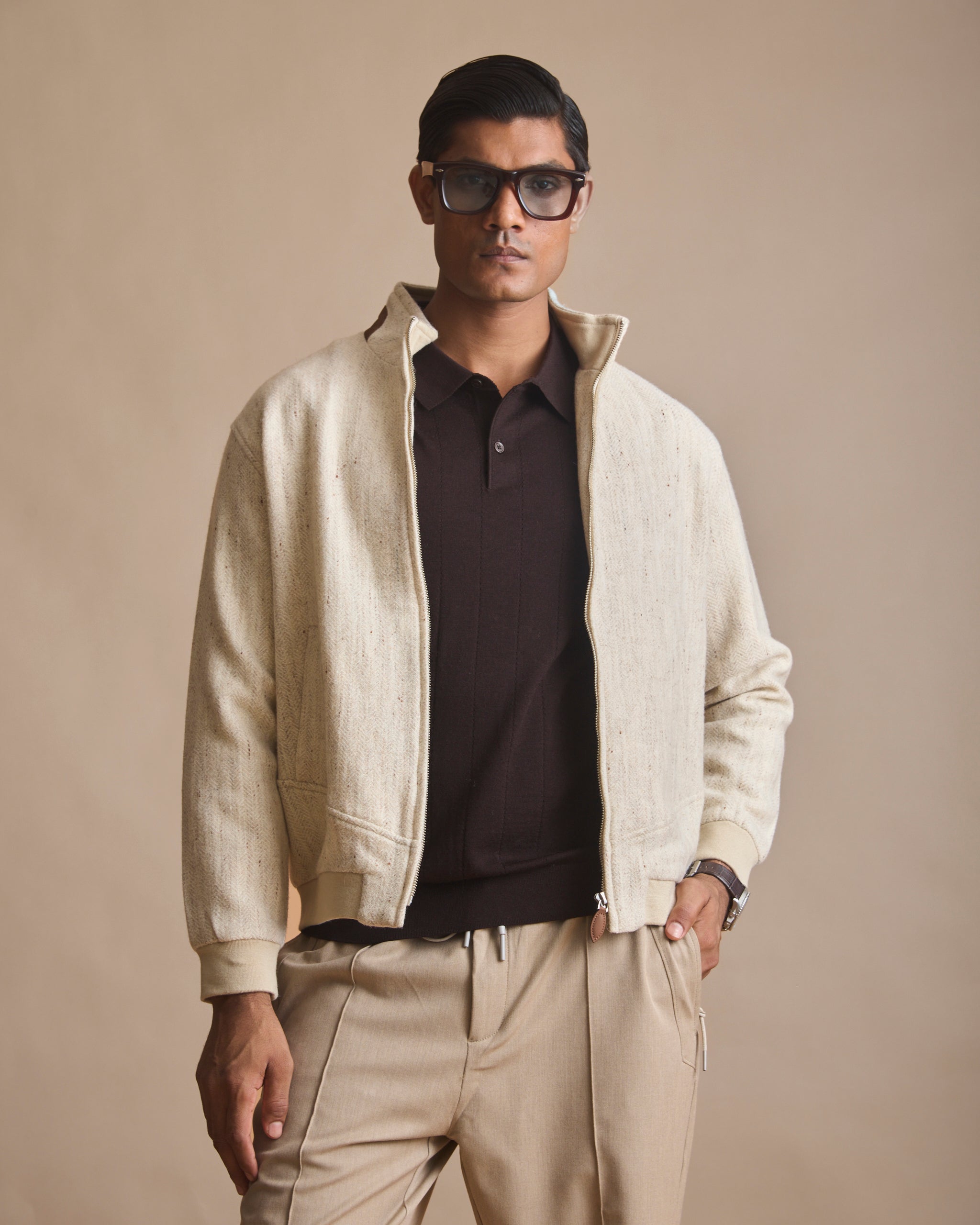 Ecru knit driver jacket with cigar suede trims (view 3) | House of 6