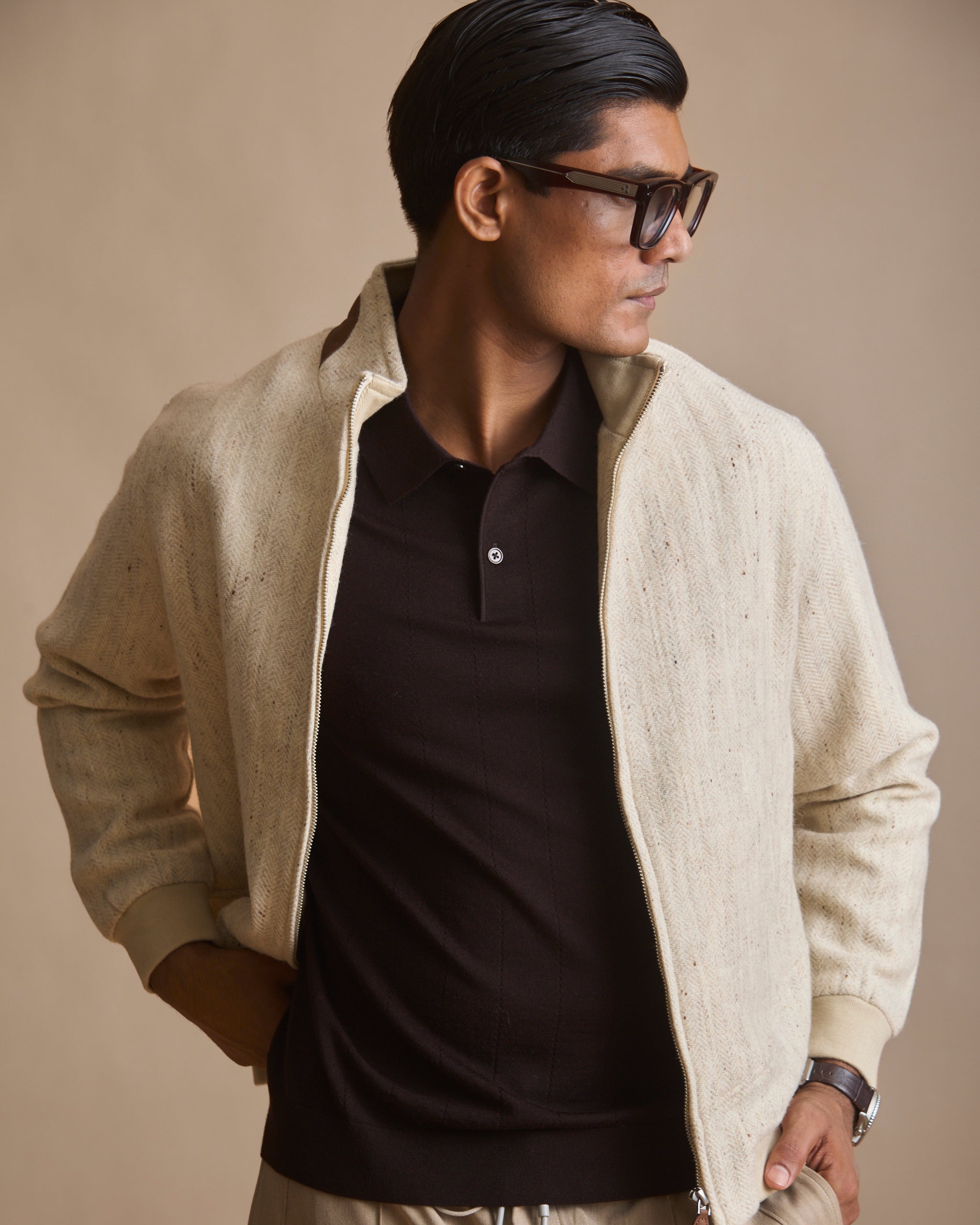 Ecru knit driver jacket with cigar suede trims (view 4) | House of 6