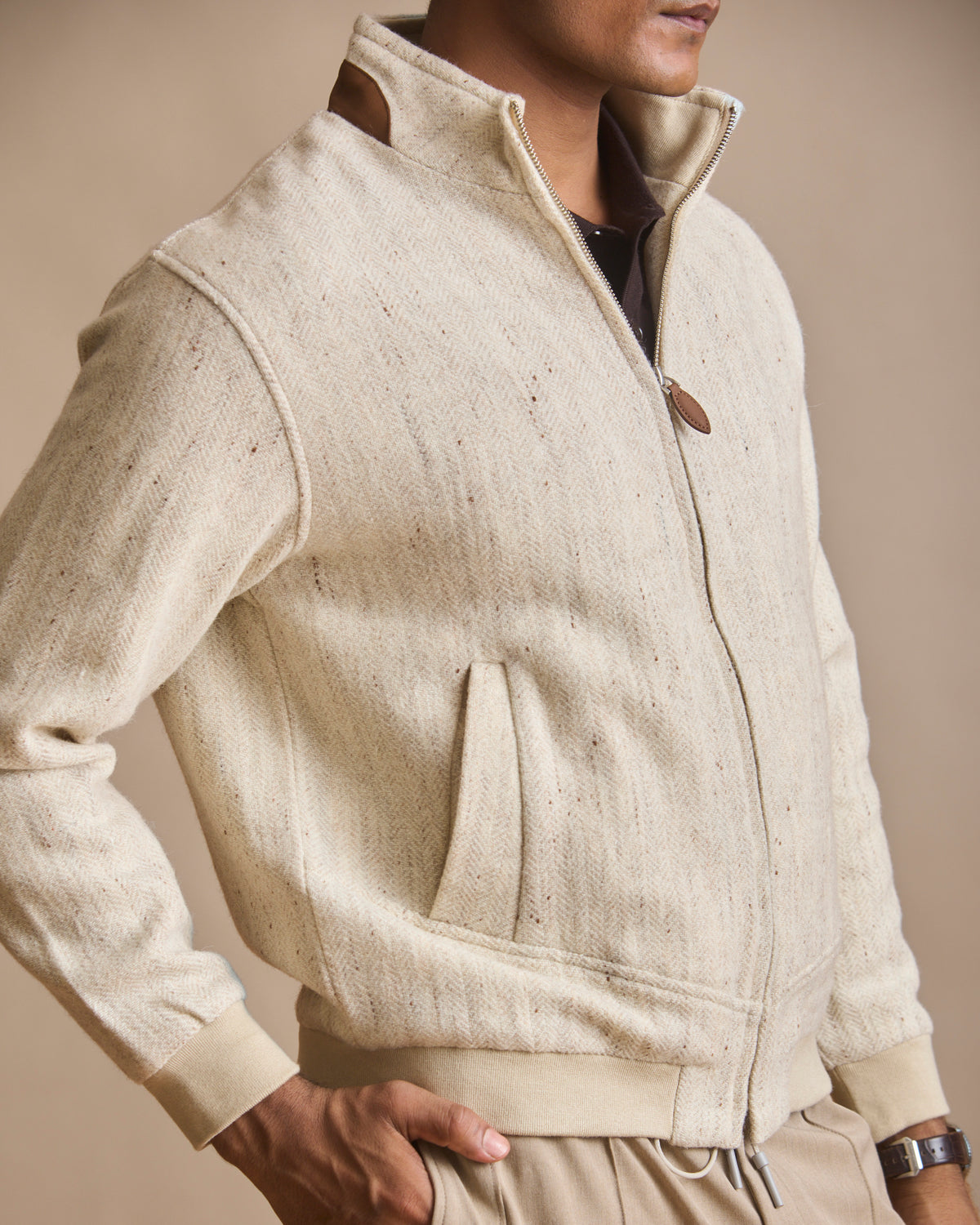 Ecru knit driver jacket with cigar suede trims (view 6) | House of 6
