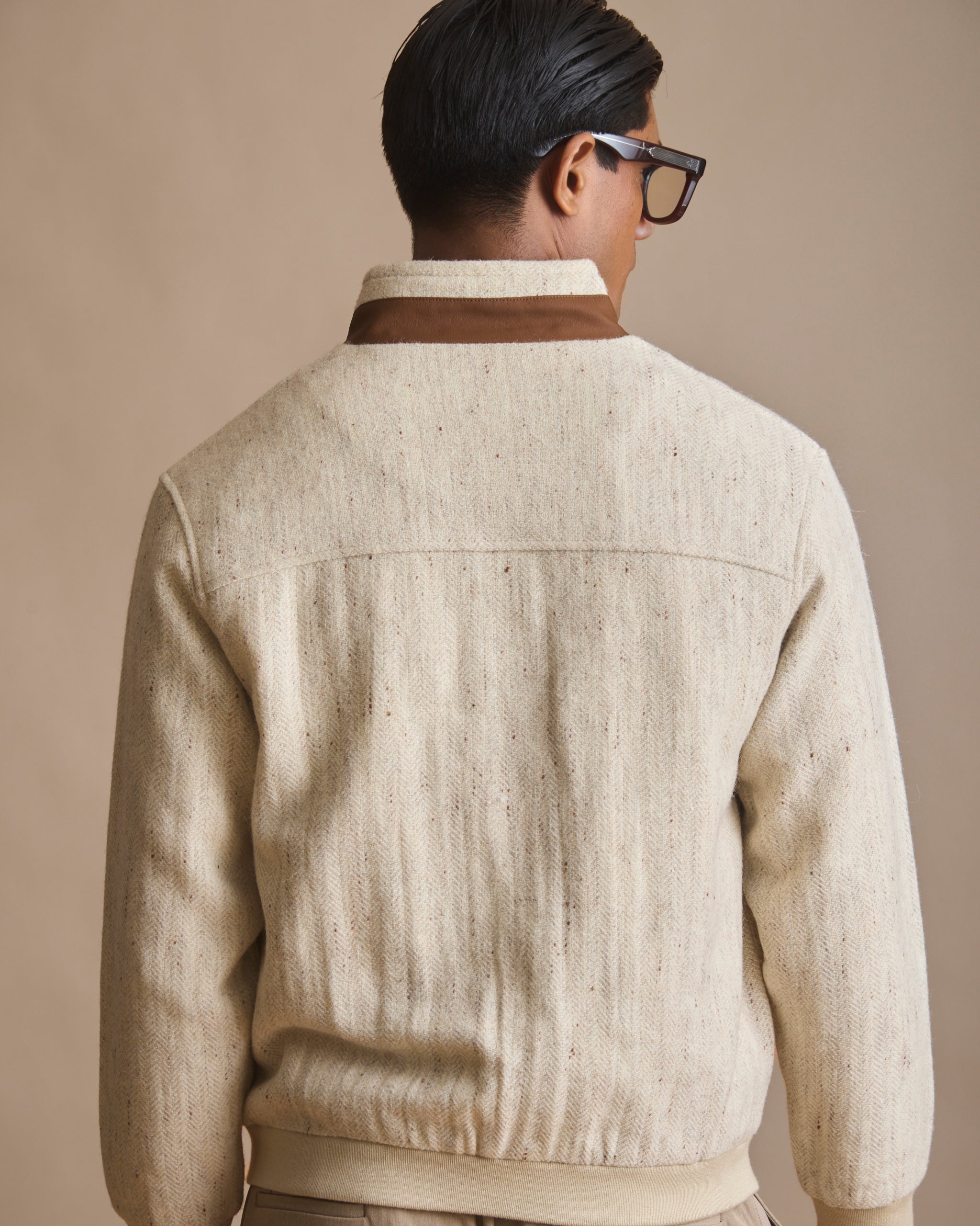 Ecru knit driver jacket with cigar suede trims (view 7) | House of 6