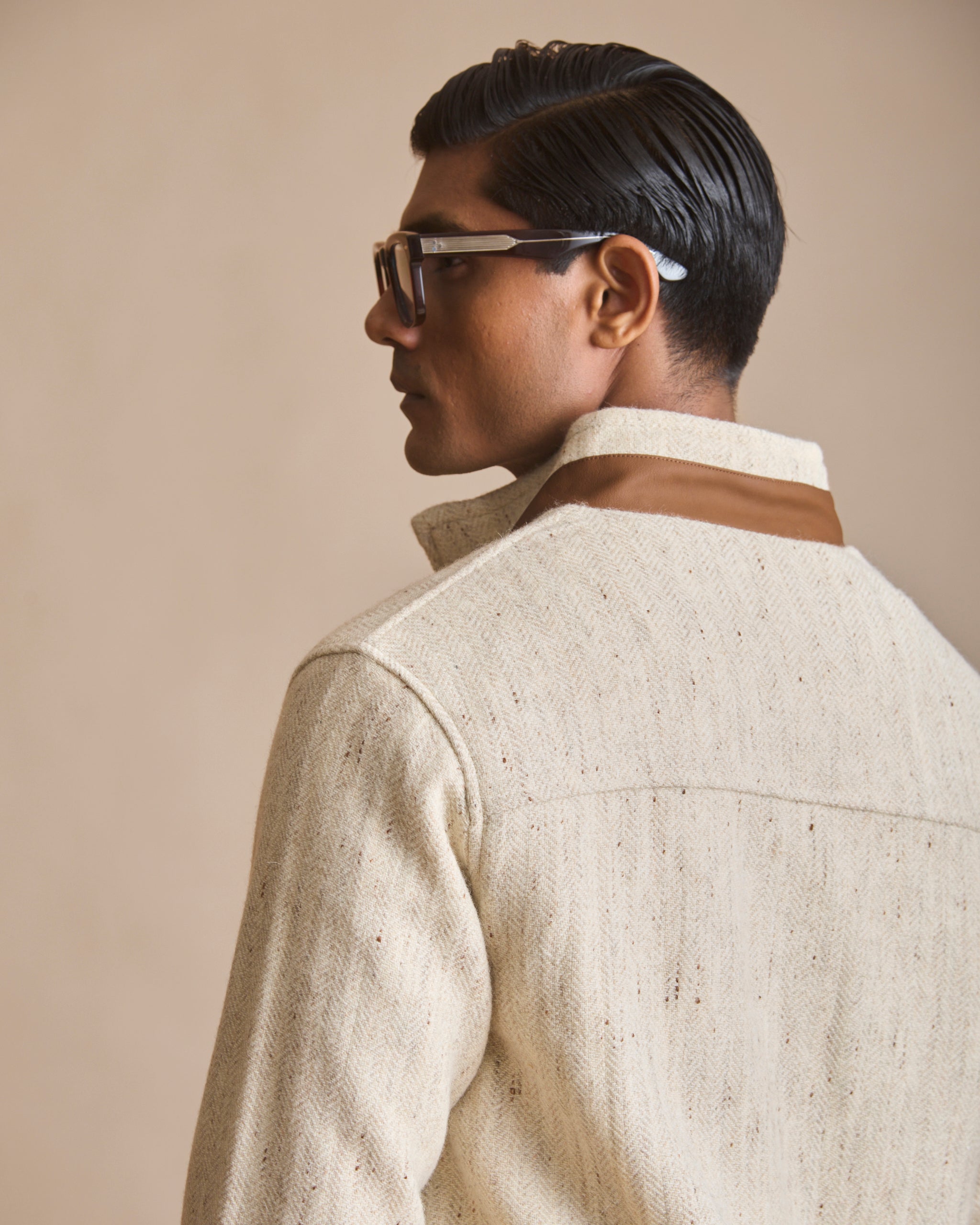 Ecru knit driver jacket with cigar suede trims (view 8) | House of 6