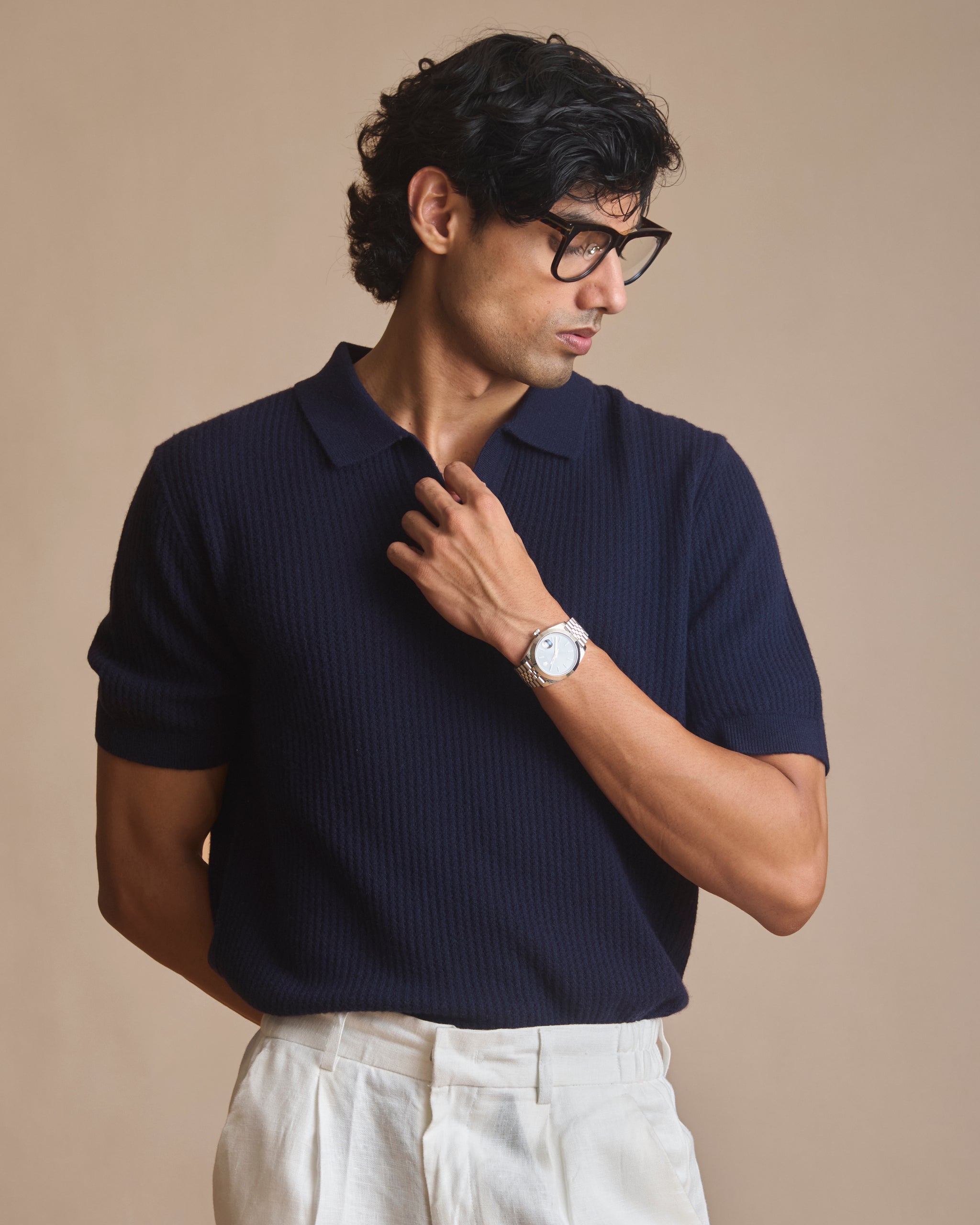 Navy blue pointelle knit polo in 90% merino, 10% cashmere (view 2) | House of 6