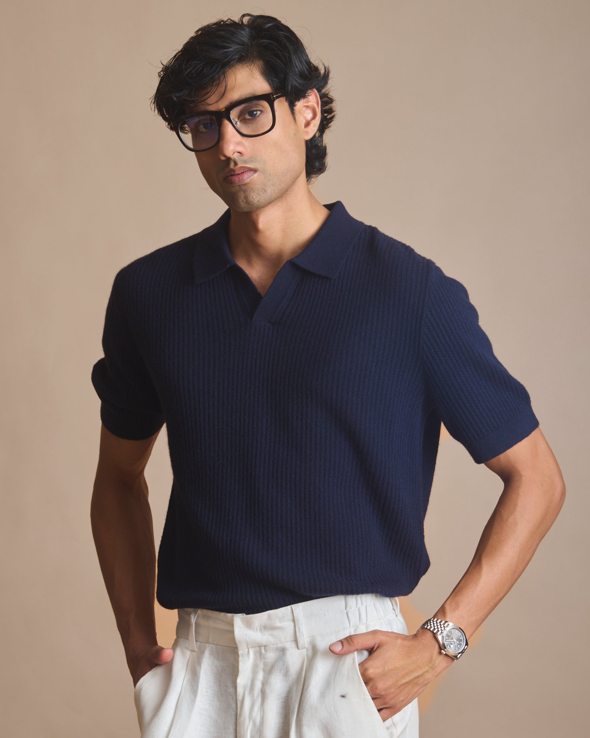 Navy blue pointelle knit polo in 90% merino, 10% cashmere (view 3) | House of 6