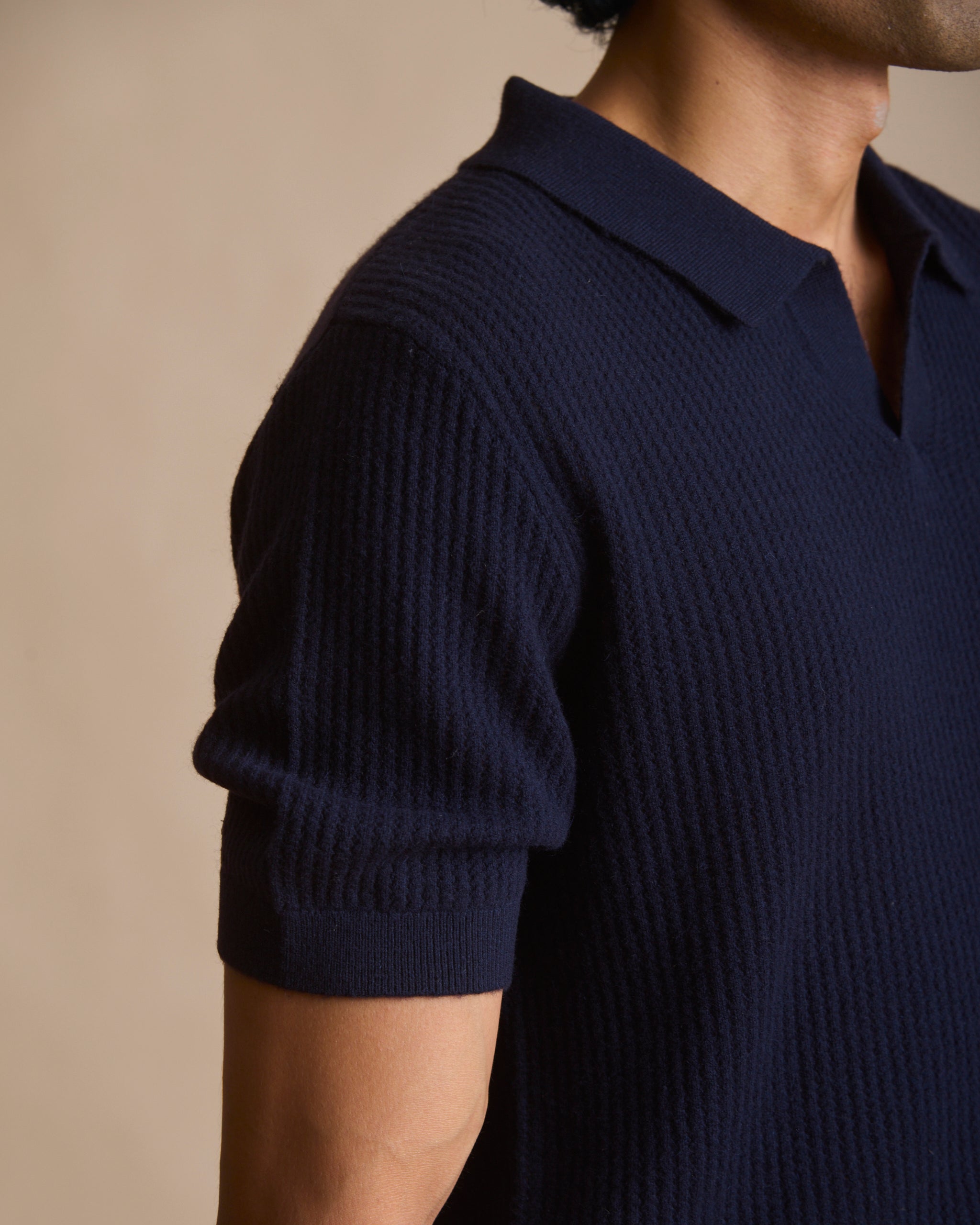 Navy blue pointelle knit polo in 90% merino, 10% cashmere (view 5) | House of 6