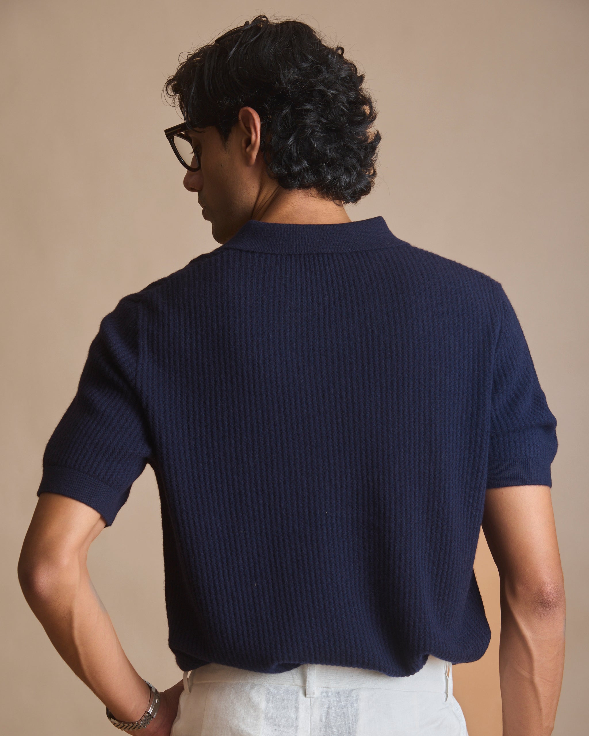 Navy blue pointelle knit polo in 90% merino, 10% cashmere (view 6) | House of 6