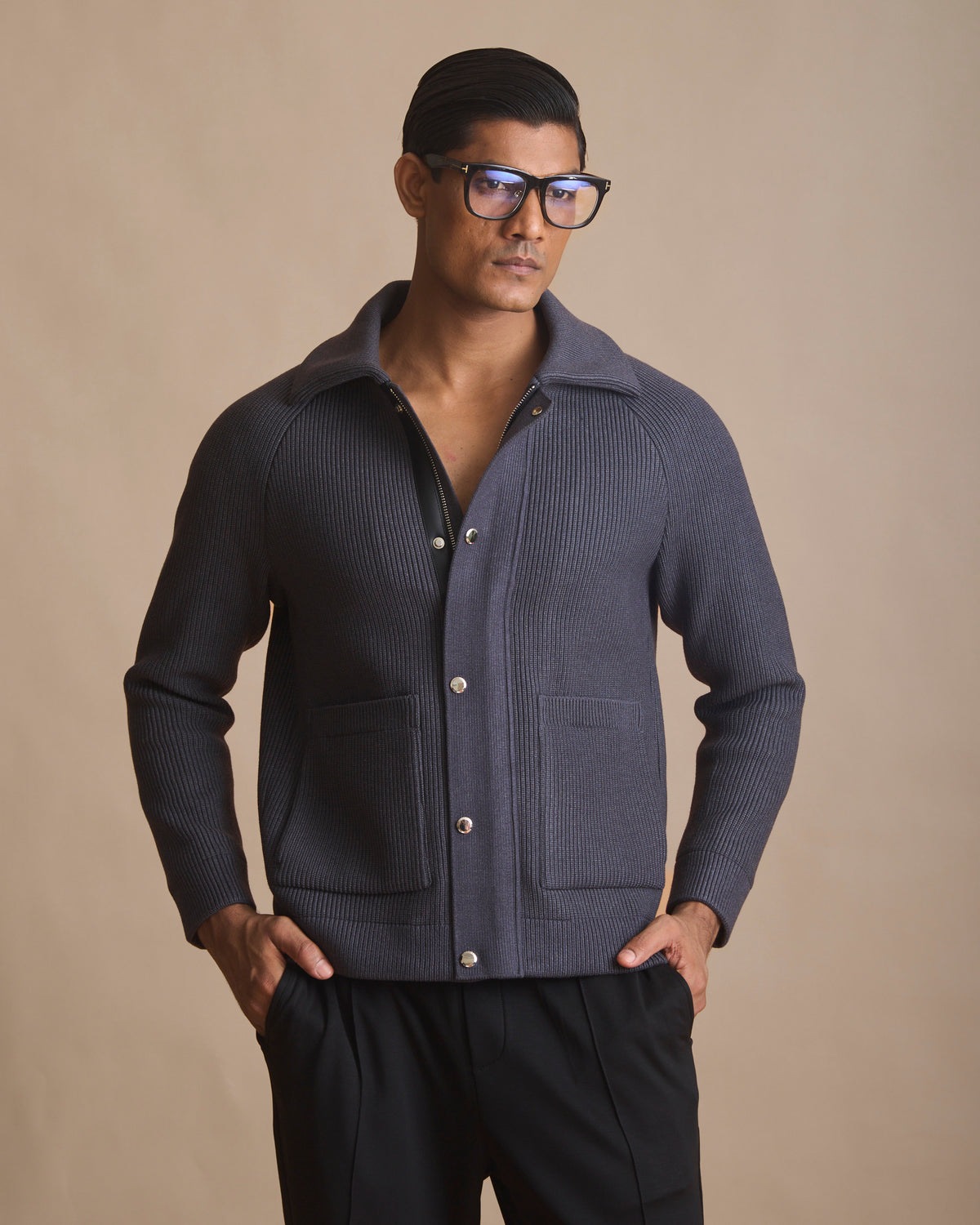 Dark slate ribbed knit jacket in viscose, nylon and wool | House of 6