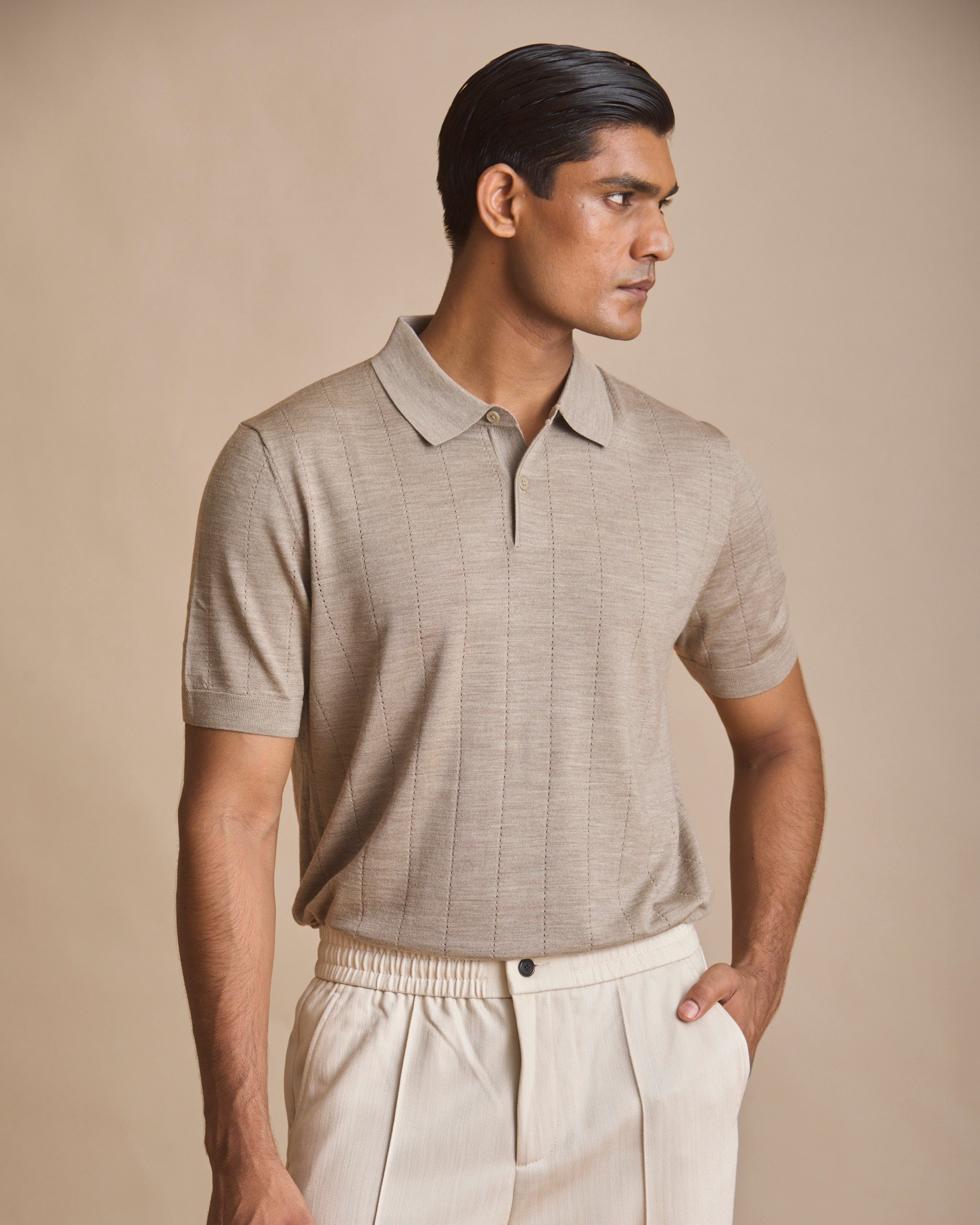 Oatmeal vertical textured knit polo in 100% merino (view 3) | House of 6