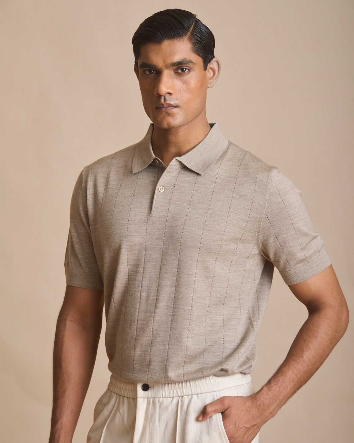 Oatmeal vertical textured knit polo in 100% merino (view 4) | House of 6