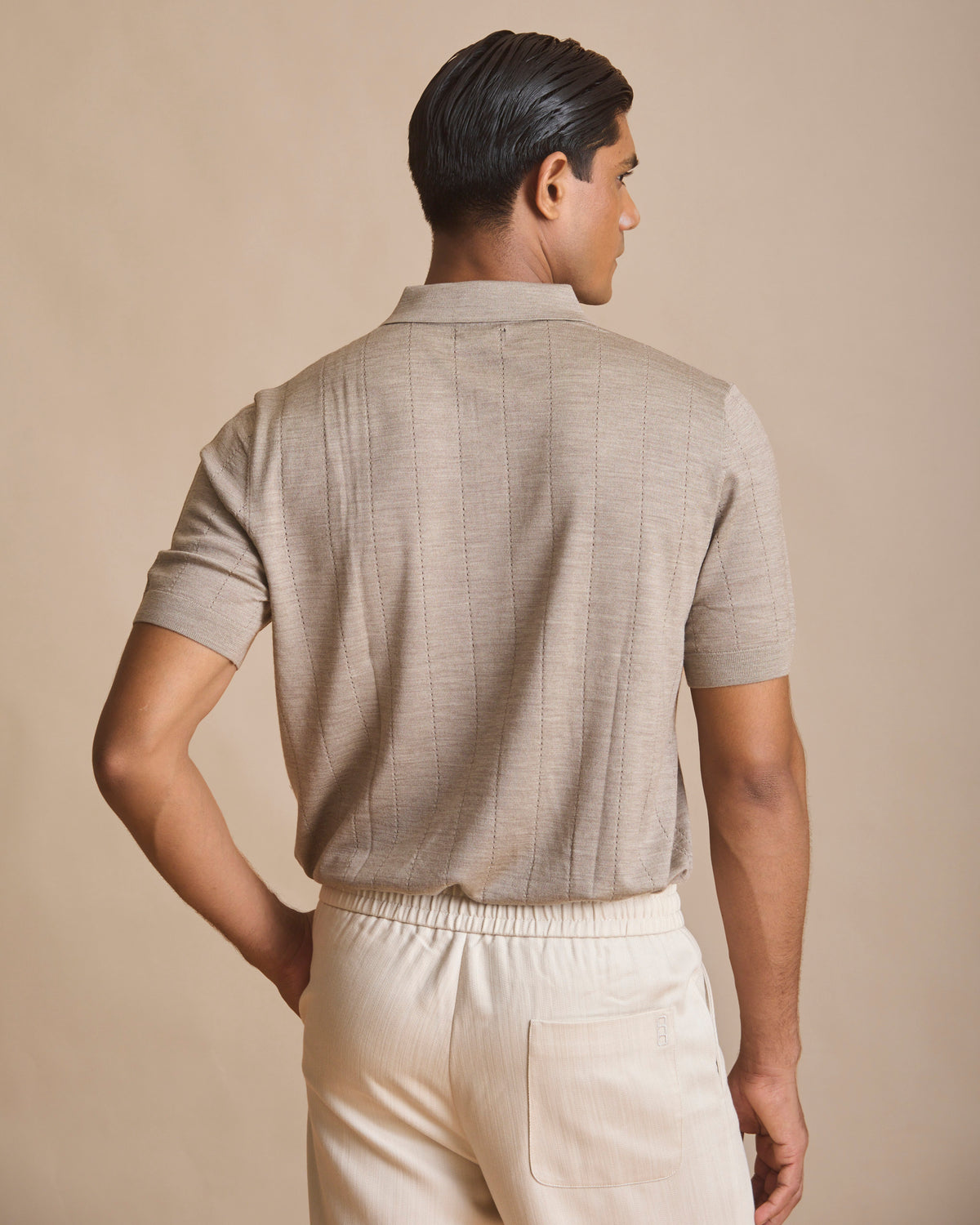 Oatmeal vertical textured knit polo in 100% merino (view 5) | House of 6