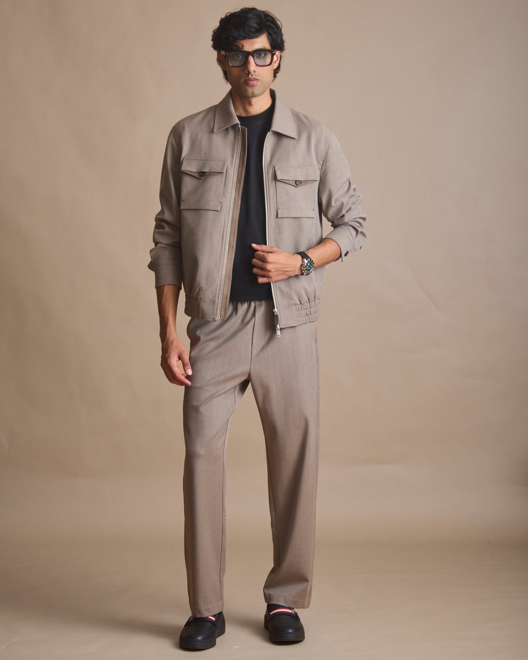 Neutral taupe grey collared blouson coord set in polyester, viscose, lyocell, wool and spandex | House of 6