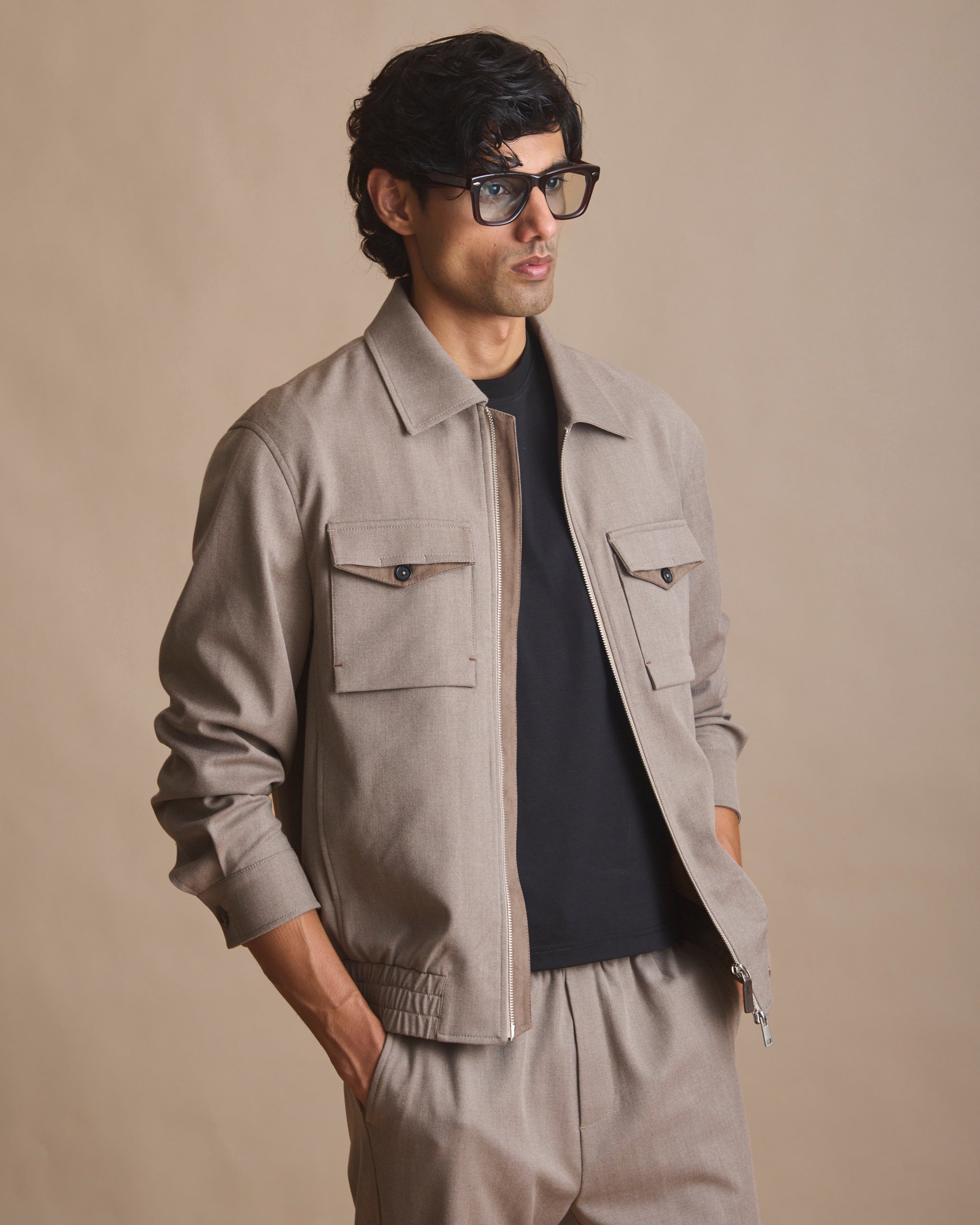 Neutral taupe grey collared blouson coord set in polyester, viscose, lyocell, wool and spandex (view 2) | House of 6