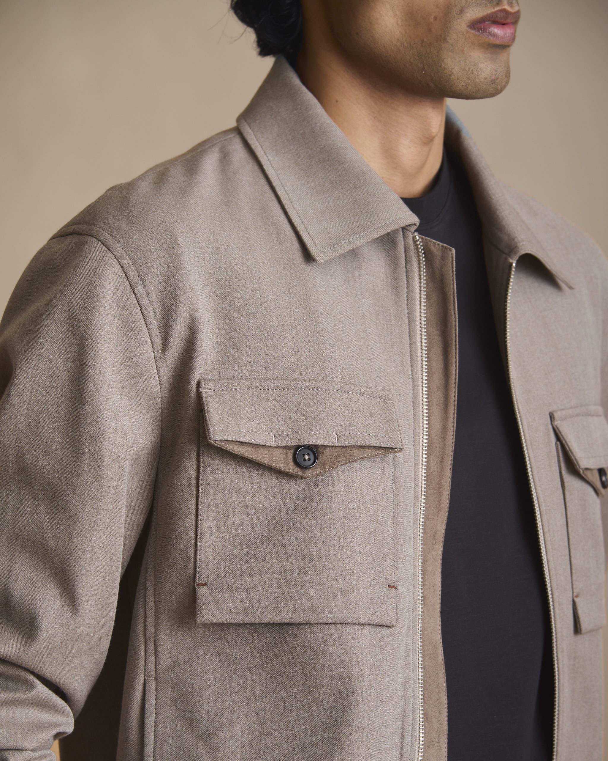 Neutral taupe grey collared blouson coord set in polyester, viscose, lyocell, wool and spandex (view 3) | House of 6