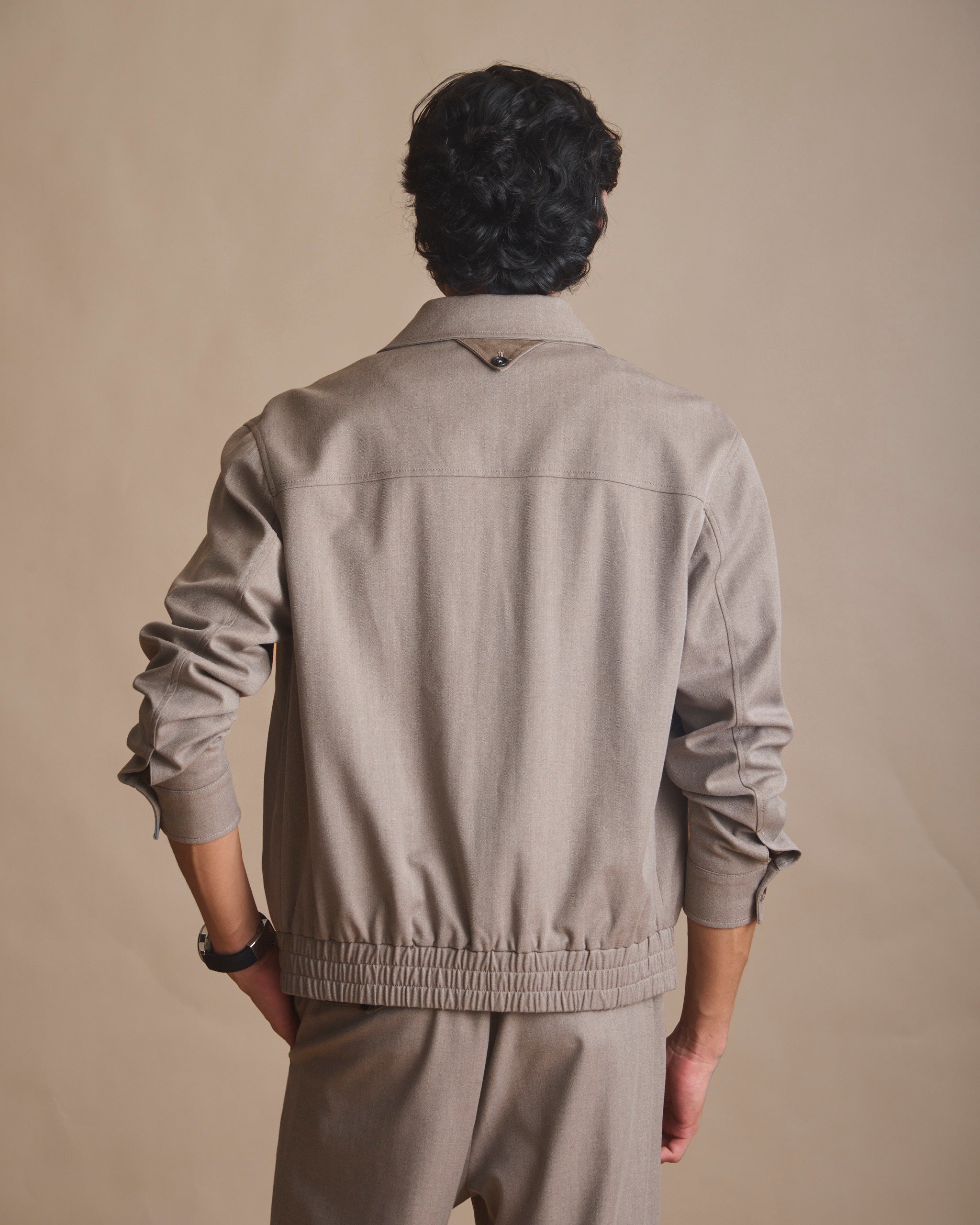 Neutral taupe grey collared blouson coord set in polyester, viscose, lyocell, wool and spandex (view 6) | House of 6