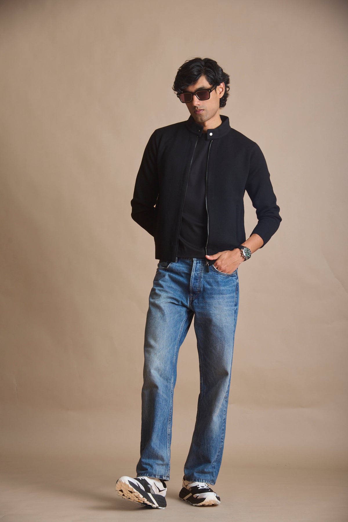 Jet black racer knit stand-collar jacket | House of 6