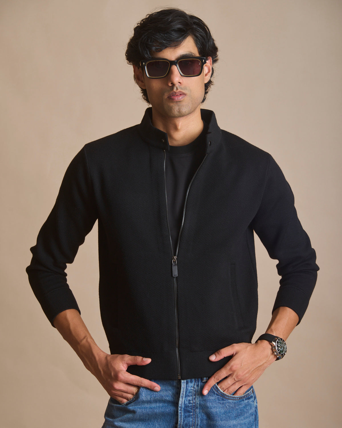 Jet black racer knit stand-collar jacket (view 6) | House of 6