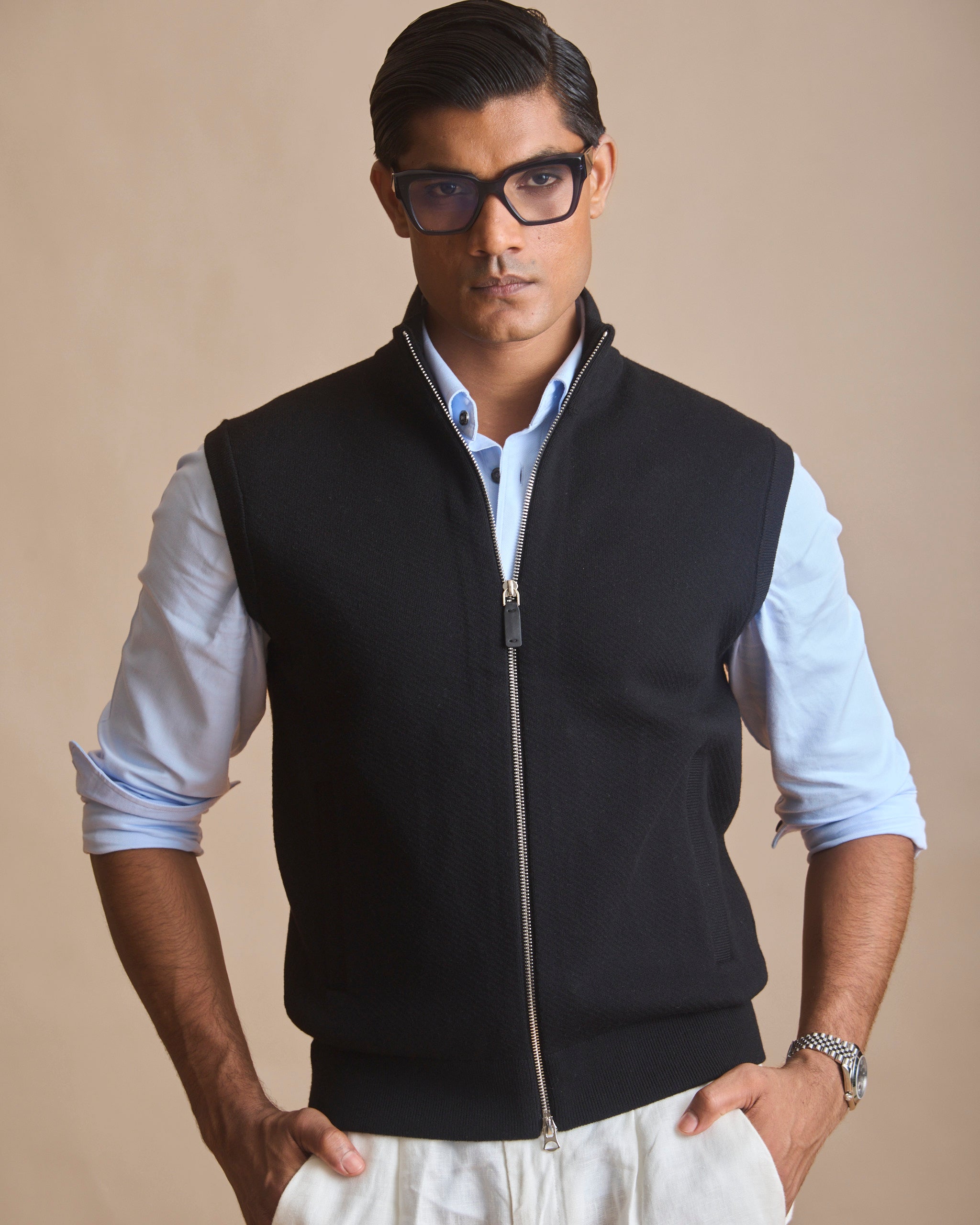 Jet black racer knit stand-collar sleeveless vest (view 2) | House of 6