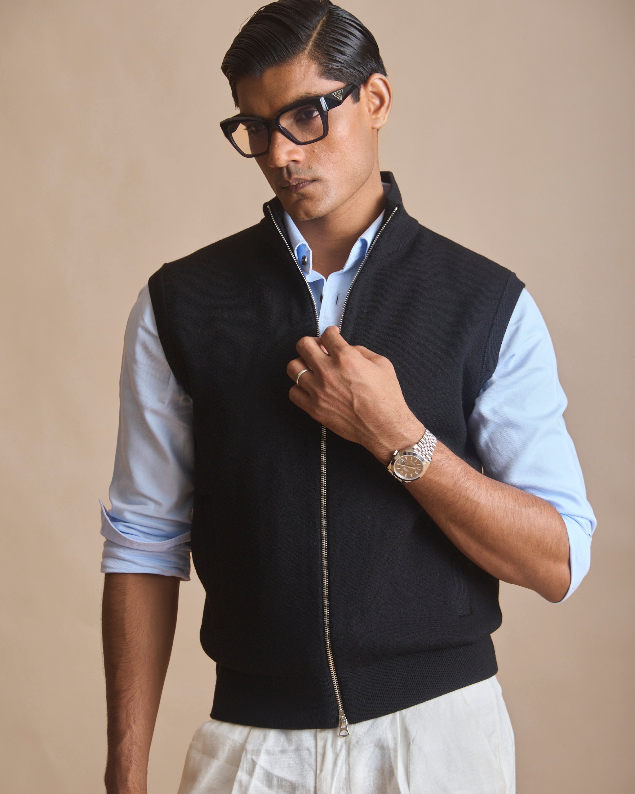 Jet black racer knit stand-collar sleeveless vest (view 3) | House of 6