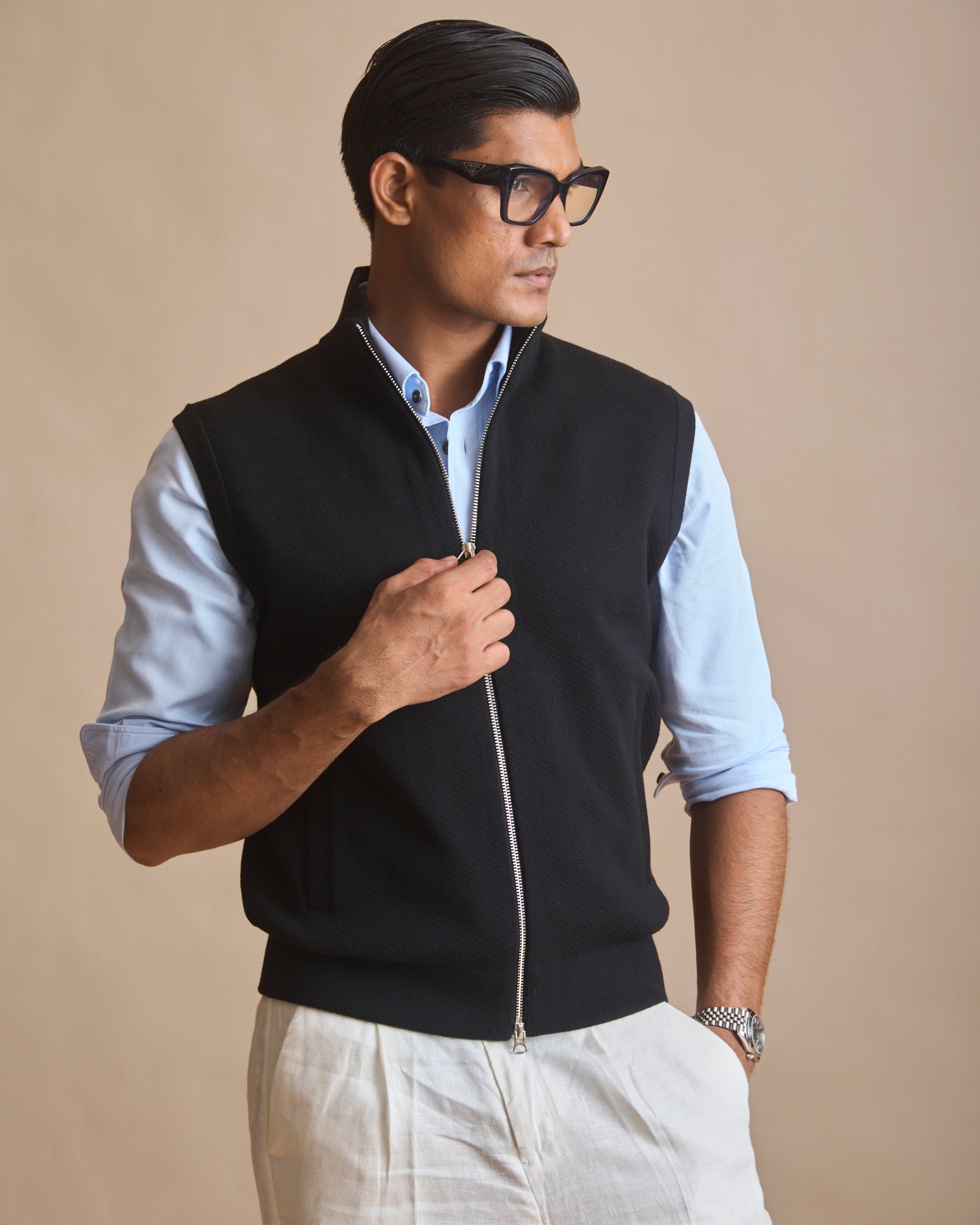 Jet black racer knit stand-collar sleeveless vest (view 4) | House of 6