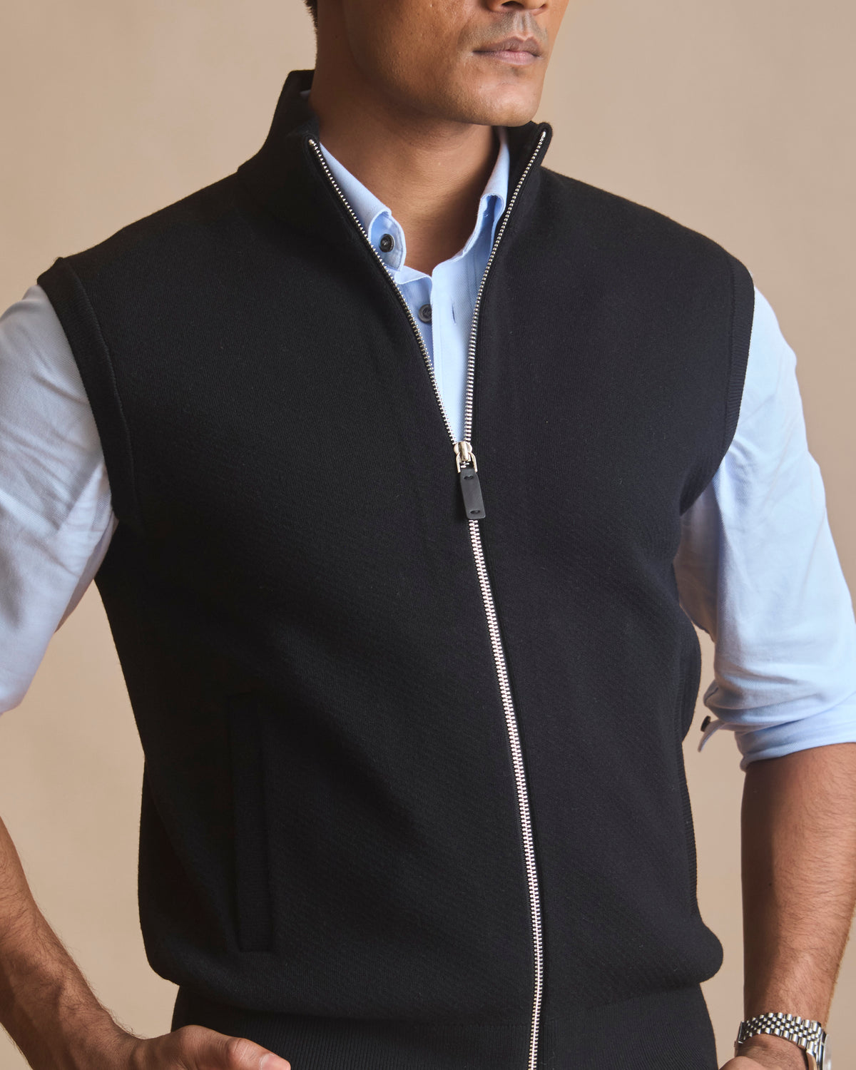 Jet black racer knit stand-collar sleeveless vest (view 5) | House of 6