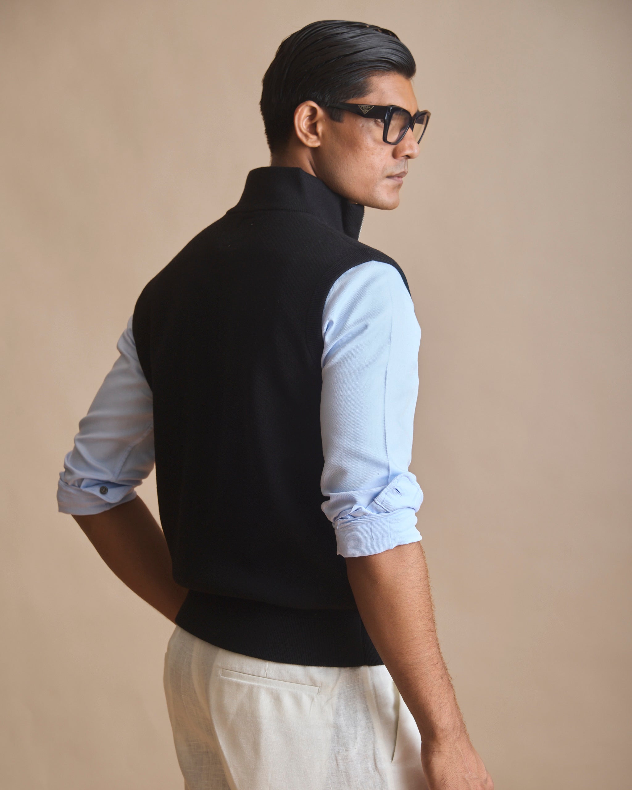 Jet black racer knit stand-collar sleeveless vest (view 6) | House of 6