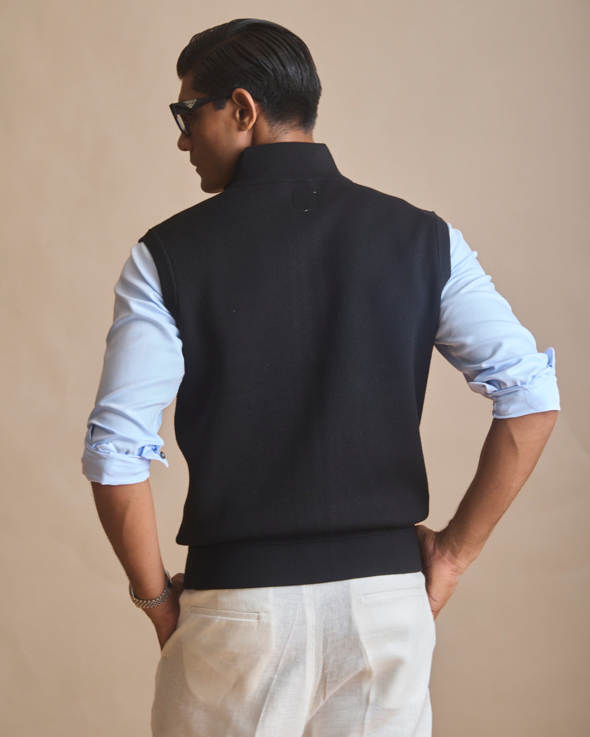 Jet black racer knit stand-collar sleeveless vest (view 7) | House of 6