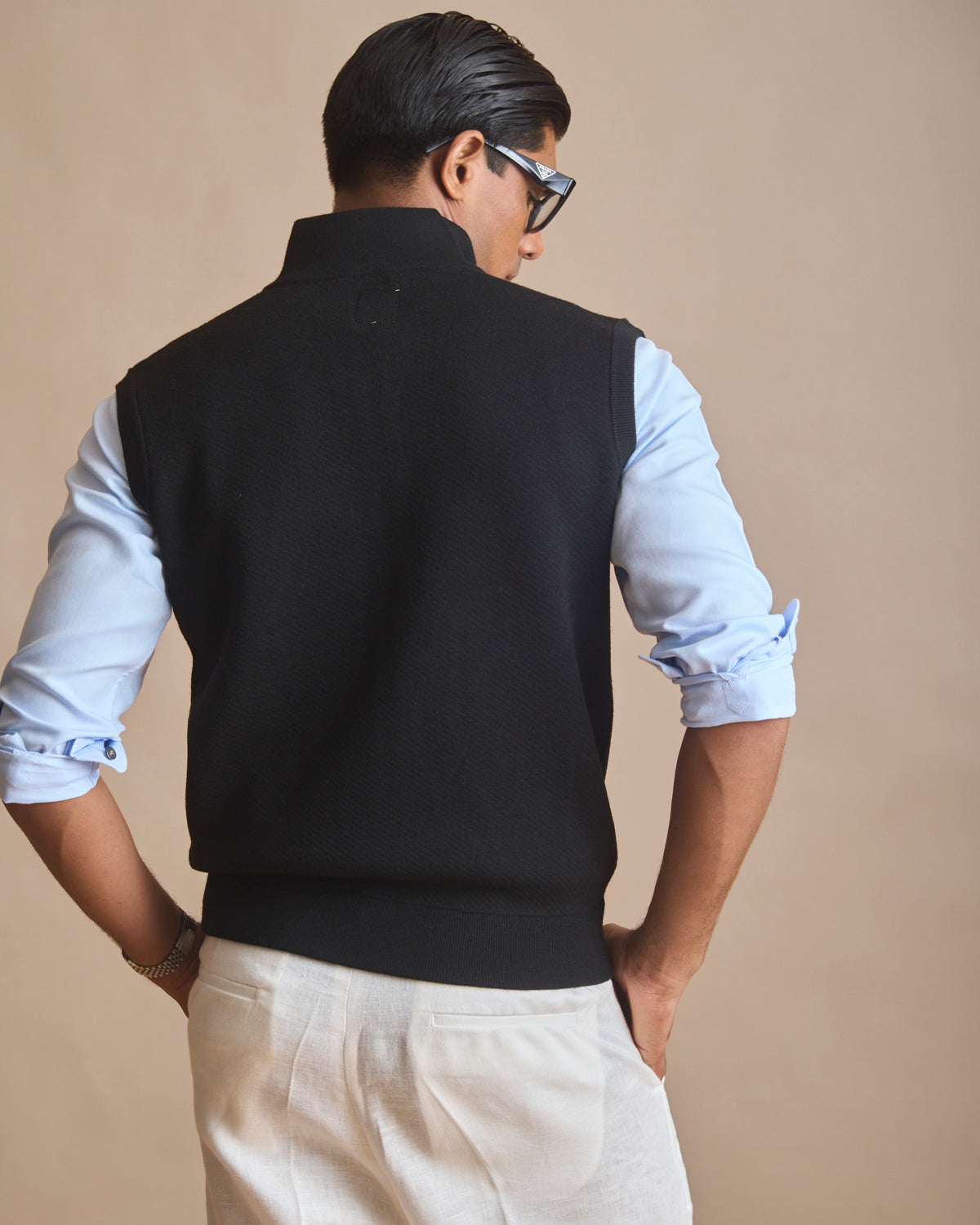 Jet black racer knit stand-collar sleeveless vest (view 8) | House of 6