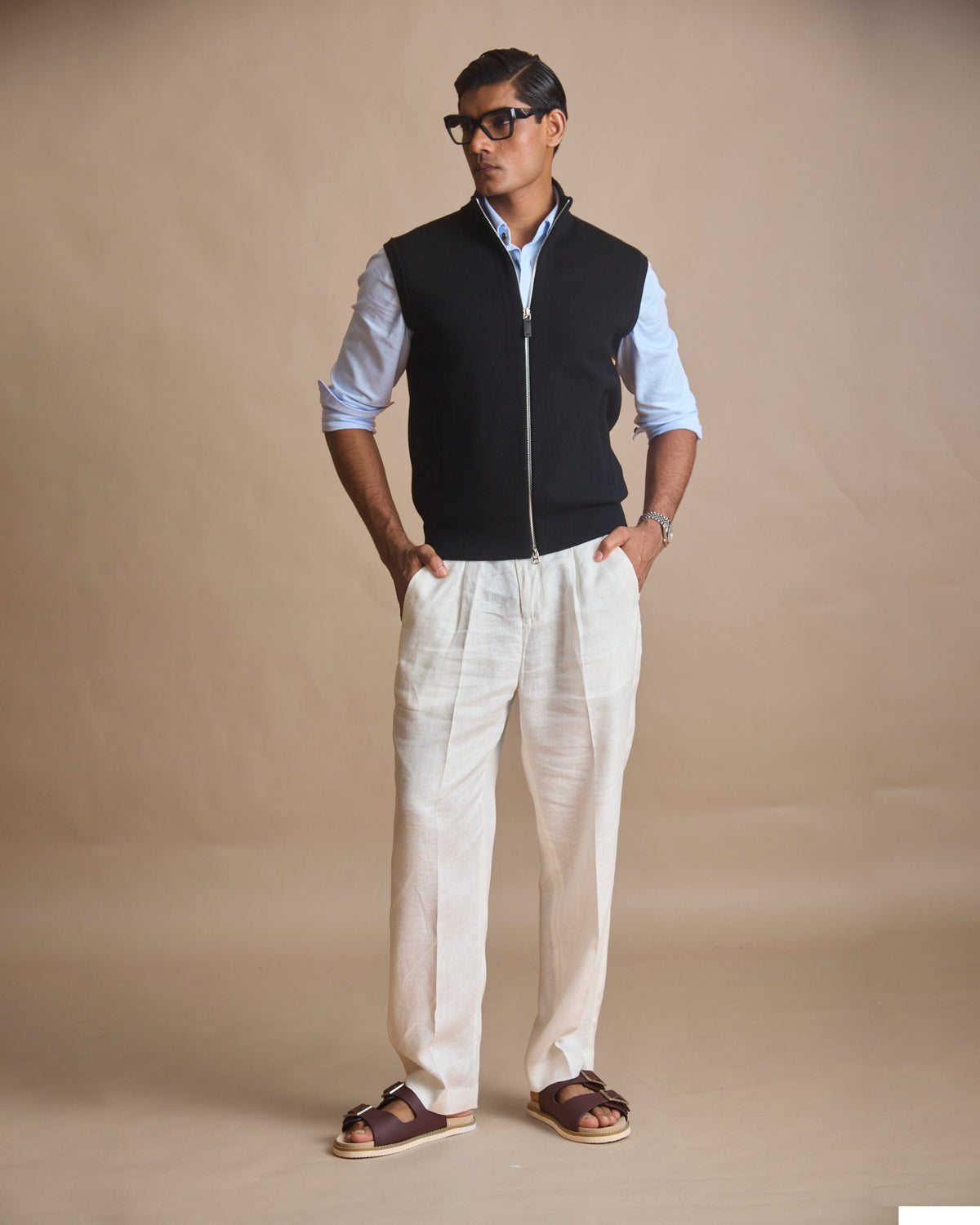 Jet black racer knit stand-collar sleeveless vest (view 9) | House of 6