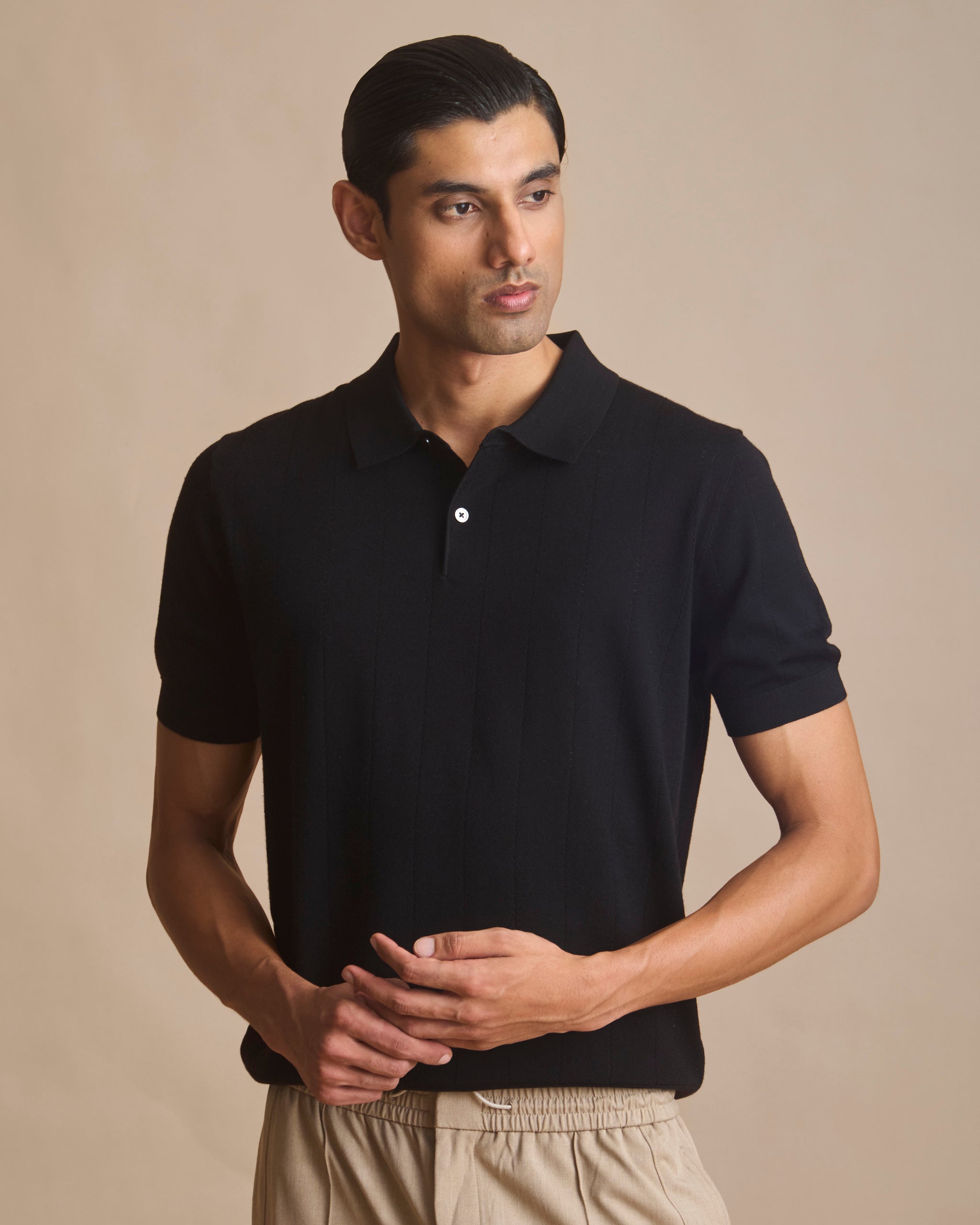Midnight black vertical textured knit polo in 100% Australian merino (view 2) | House of 6