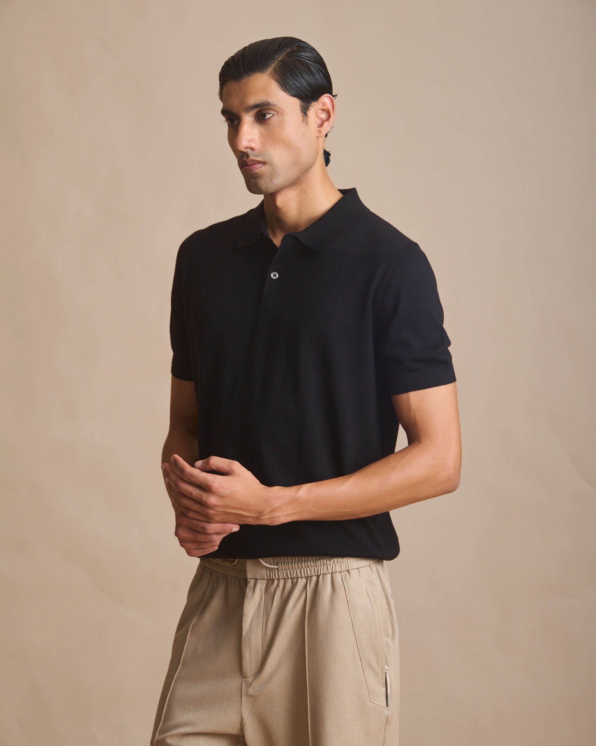 Midnight black vertical textured knit polo in 100% Australian merino (view 3) | House of 6