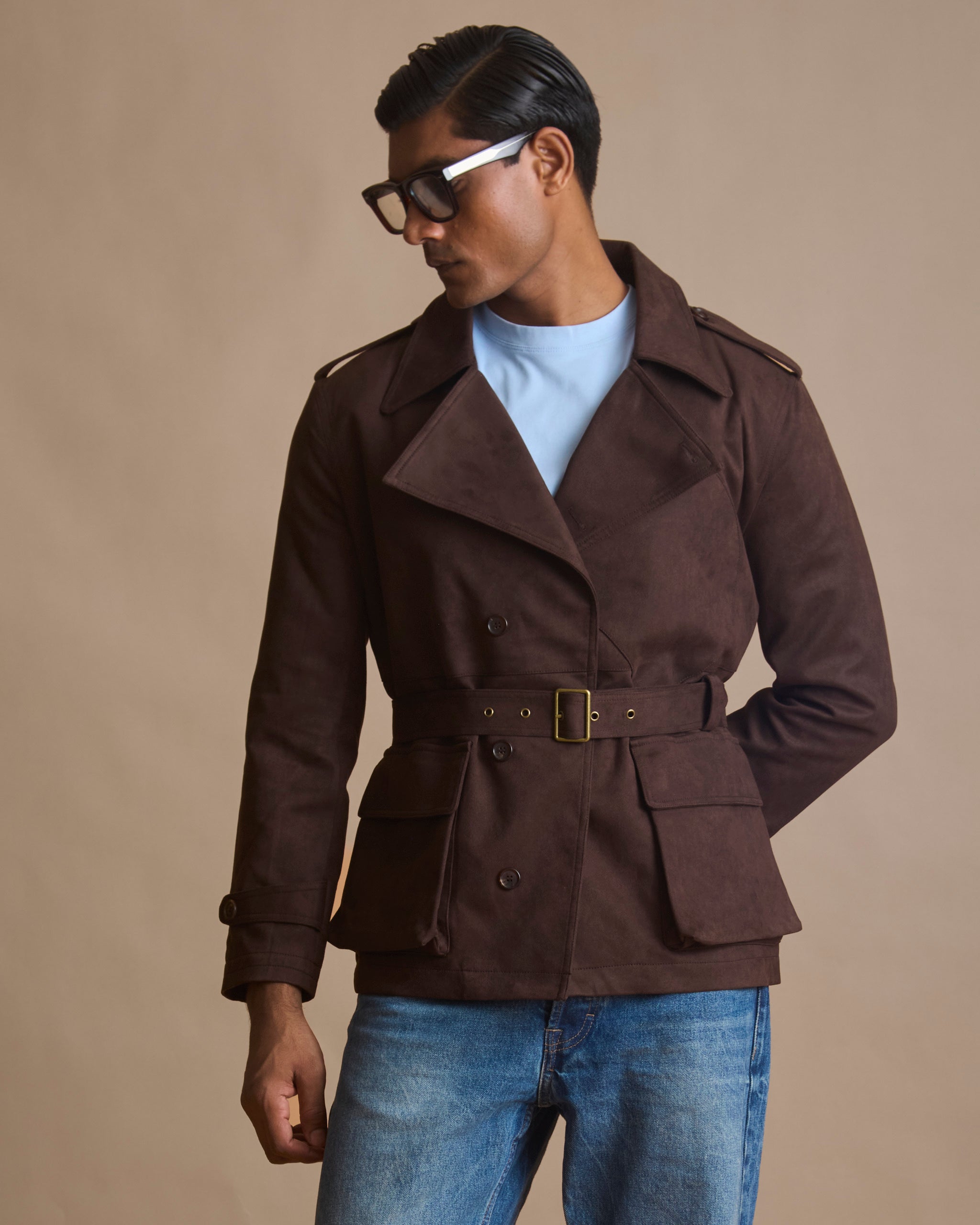 Cognac cropped trench coat in Italian suede | House of 6