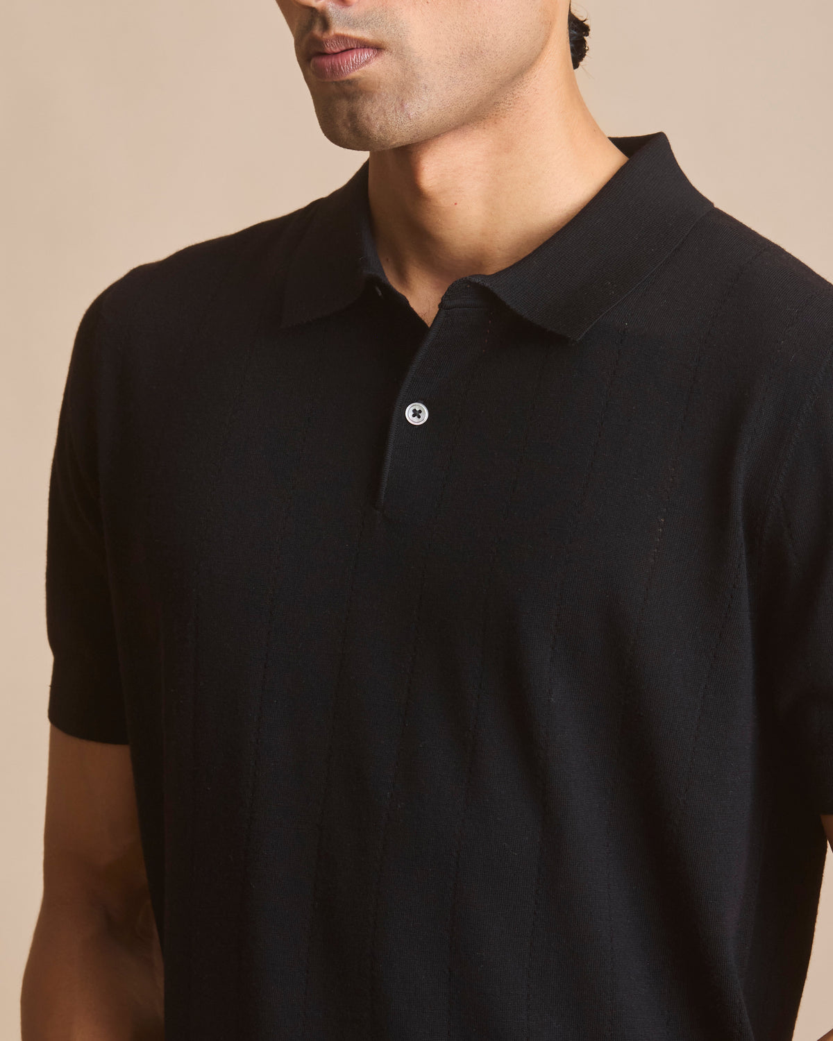 Midnight black vertical textured knit polo in 100% Australian merino (view 4) | House of 6