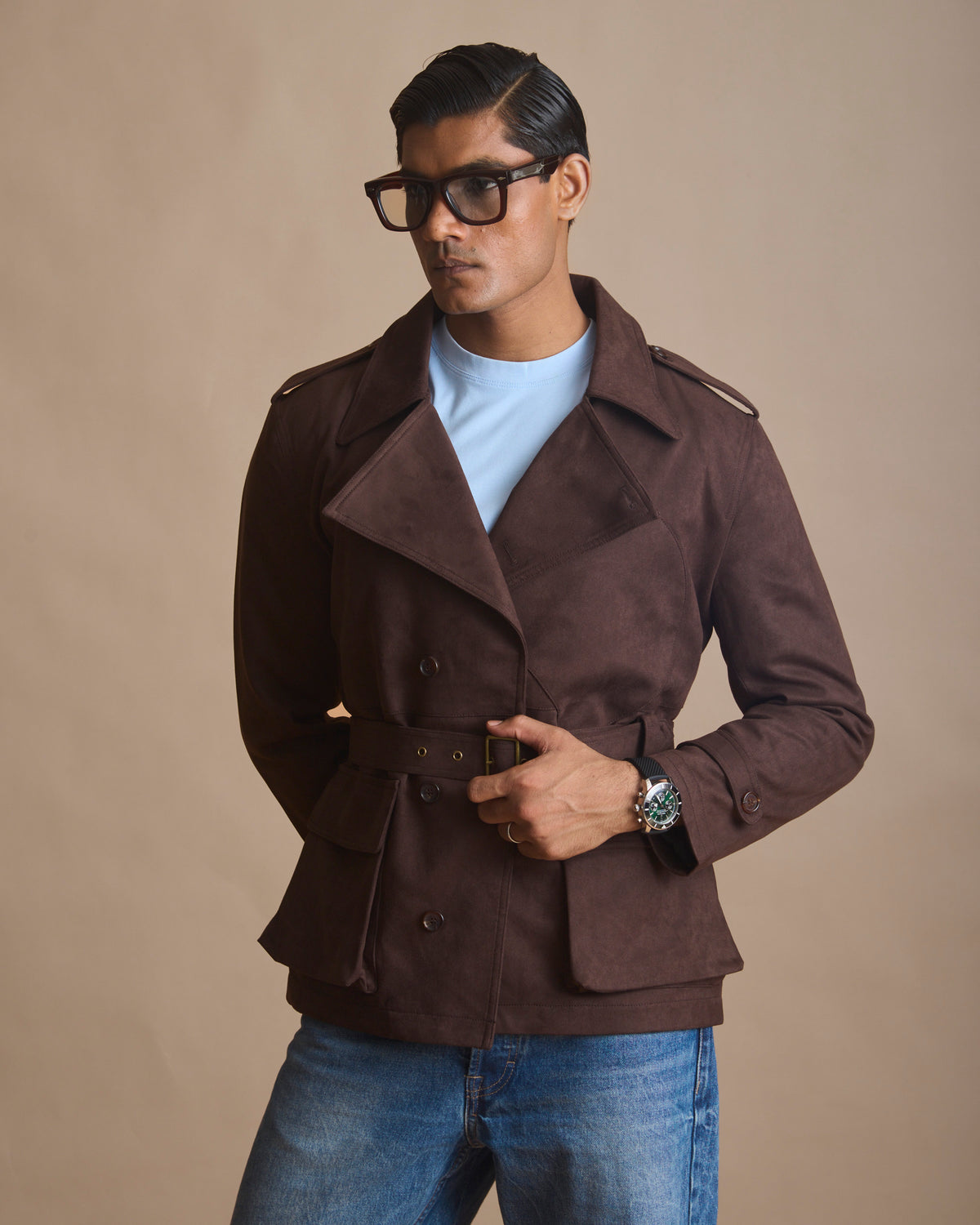 Cognac cropped trench coat in Italian suede (view 3) | House of 6