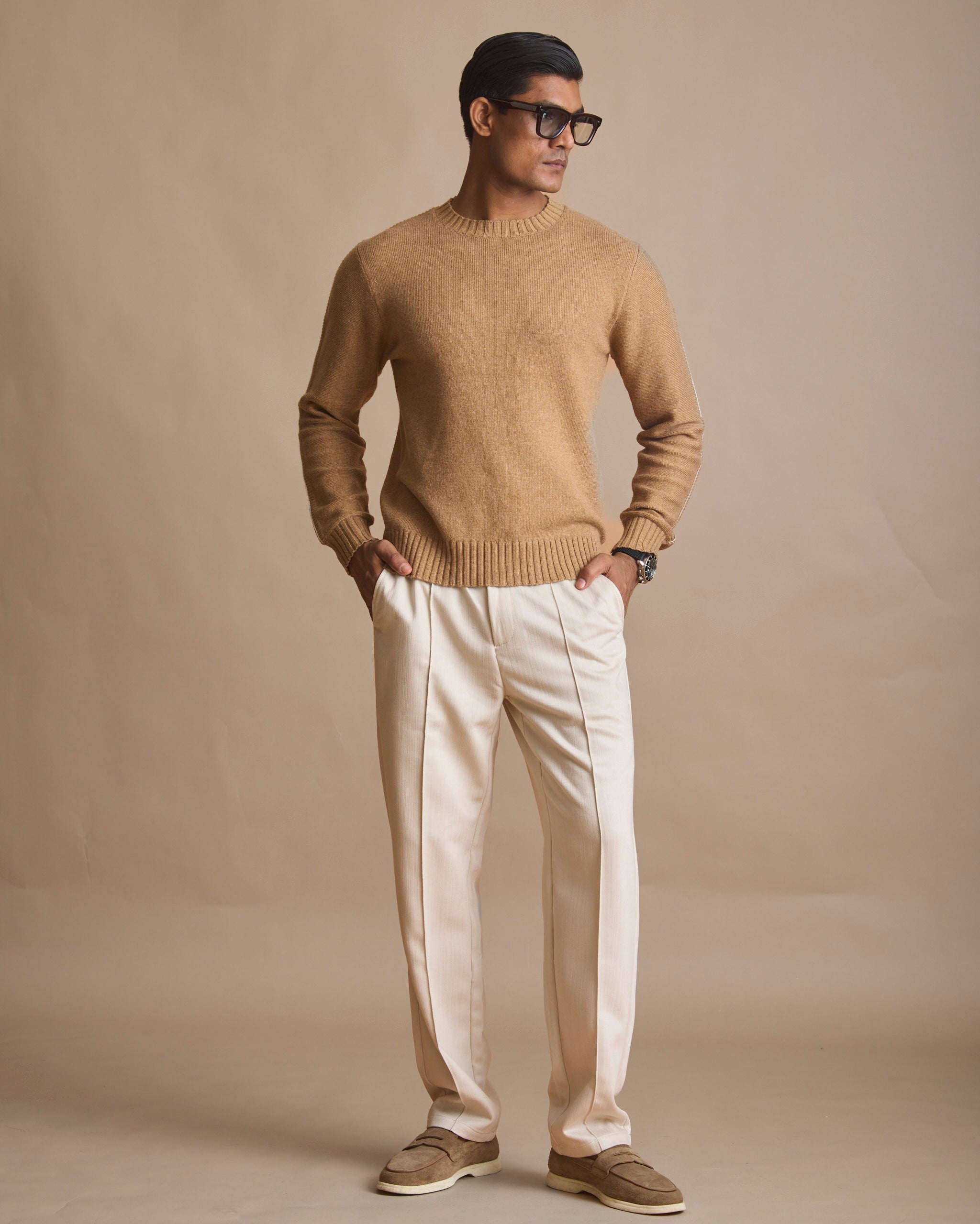 Honey tan Airloom knit crewneck sweater for men | House of 6