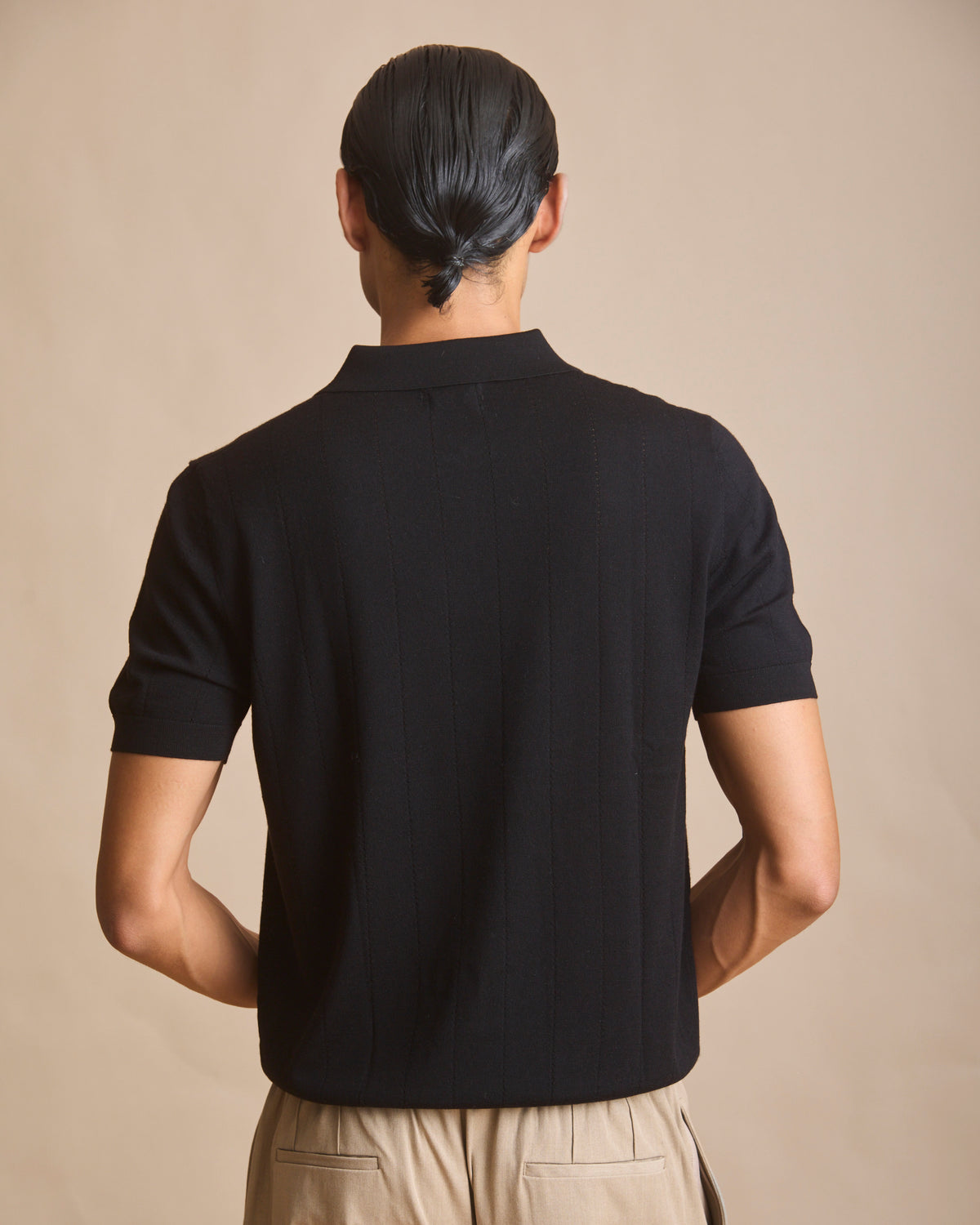 Midnight black vertical textured knit polo in 100% Australian merino (view 5) | House of 6